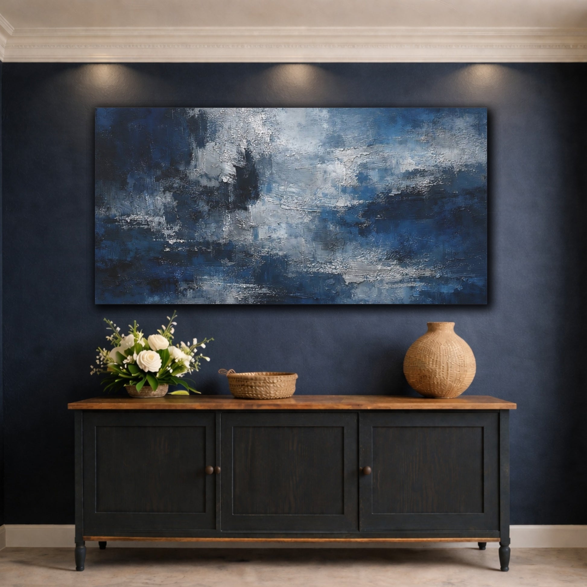 Mockup 4. Abstract Abstract Texture Deep Blue Abstract shown as stretched canvas wall art