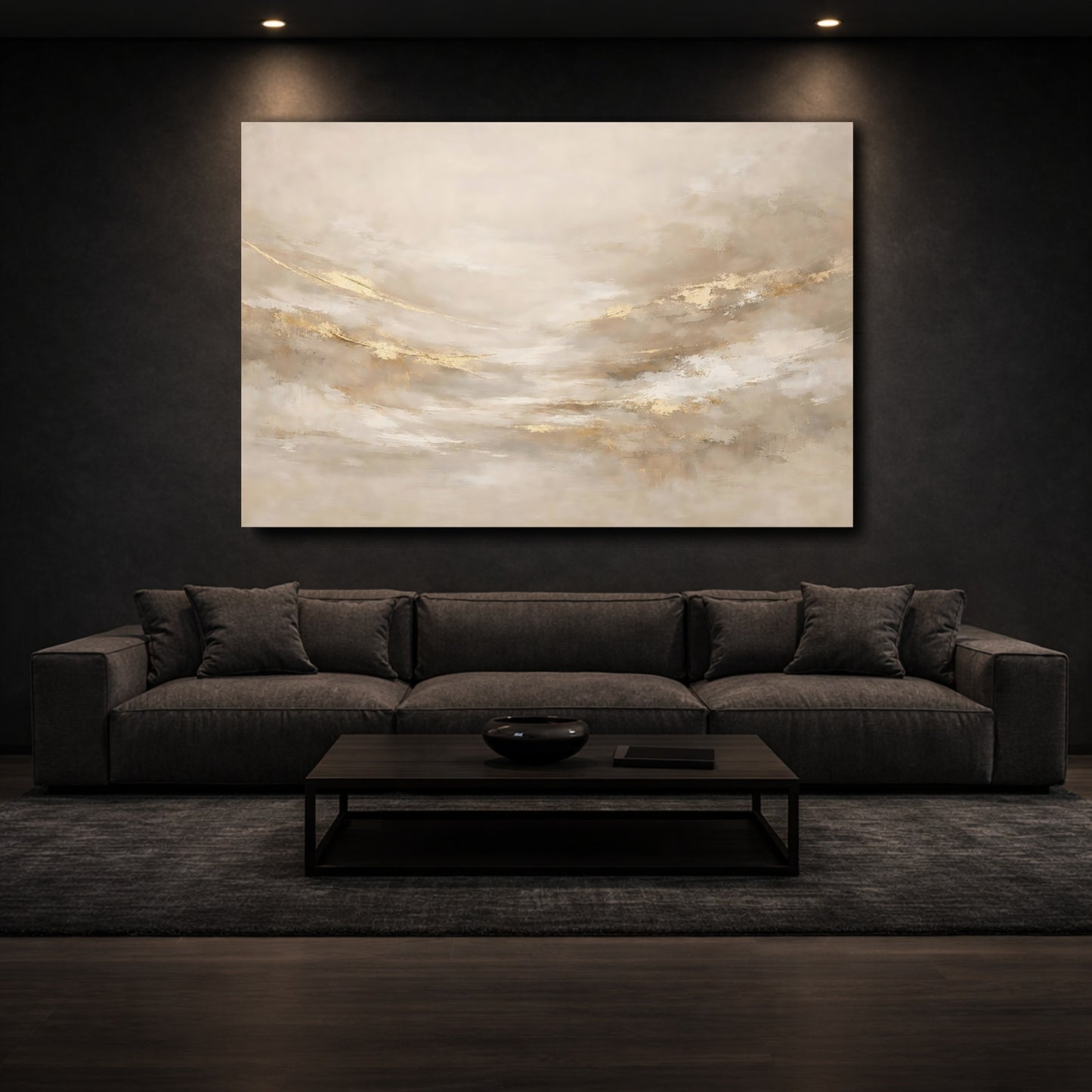 Mockup 2. Abstract Abstract Texture Gold And Beige shown as stretched canvas wall art