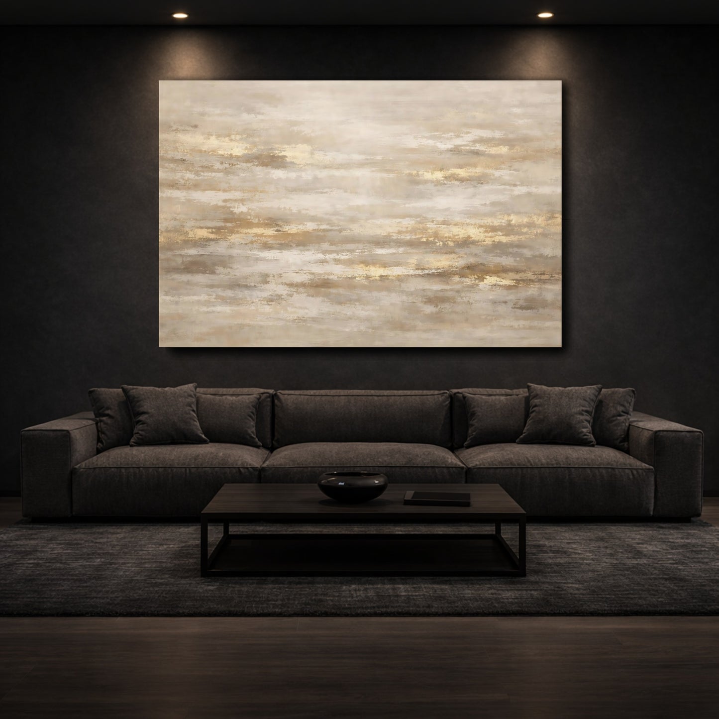 Mockup 2. Abstract Abstract Texture Gold And Beige shown as stretched canvas wall art