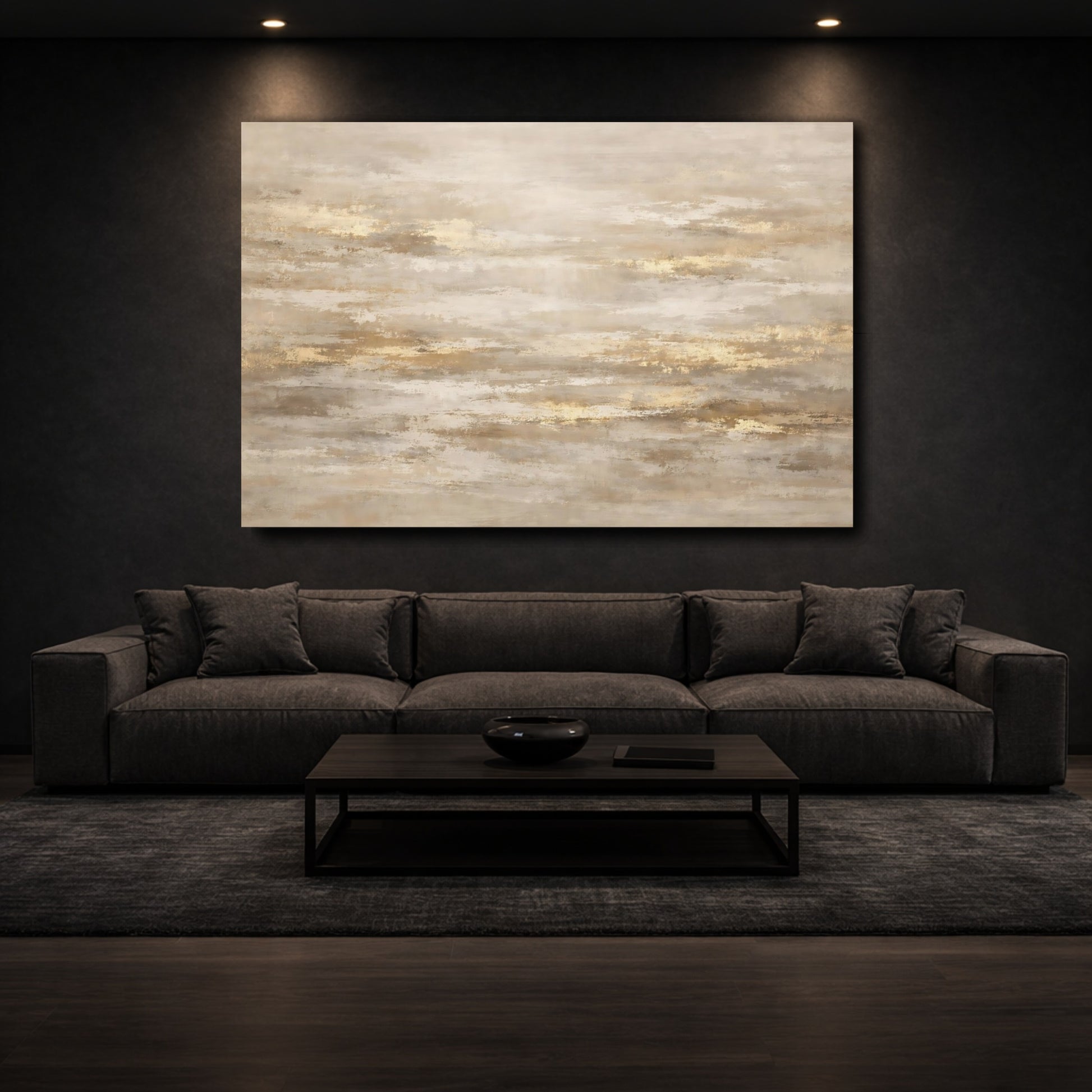 Mockup 2. Abstract Abstract Texture Gold And Beige shown as stretched canvas wall art