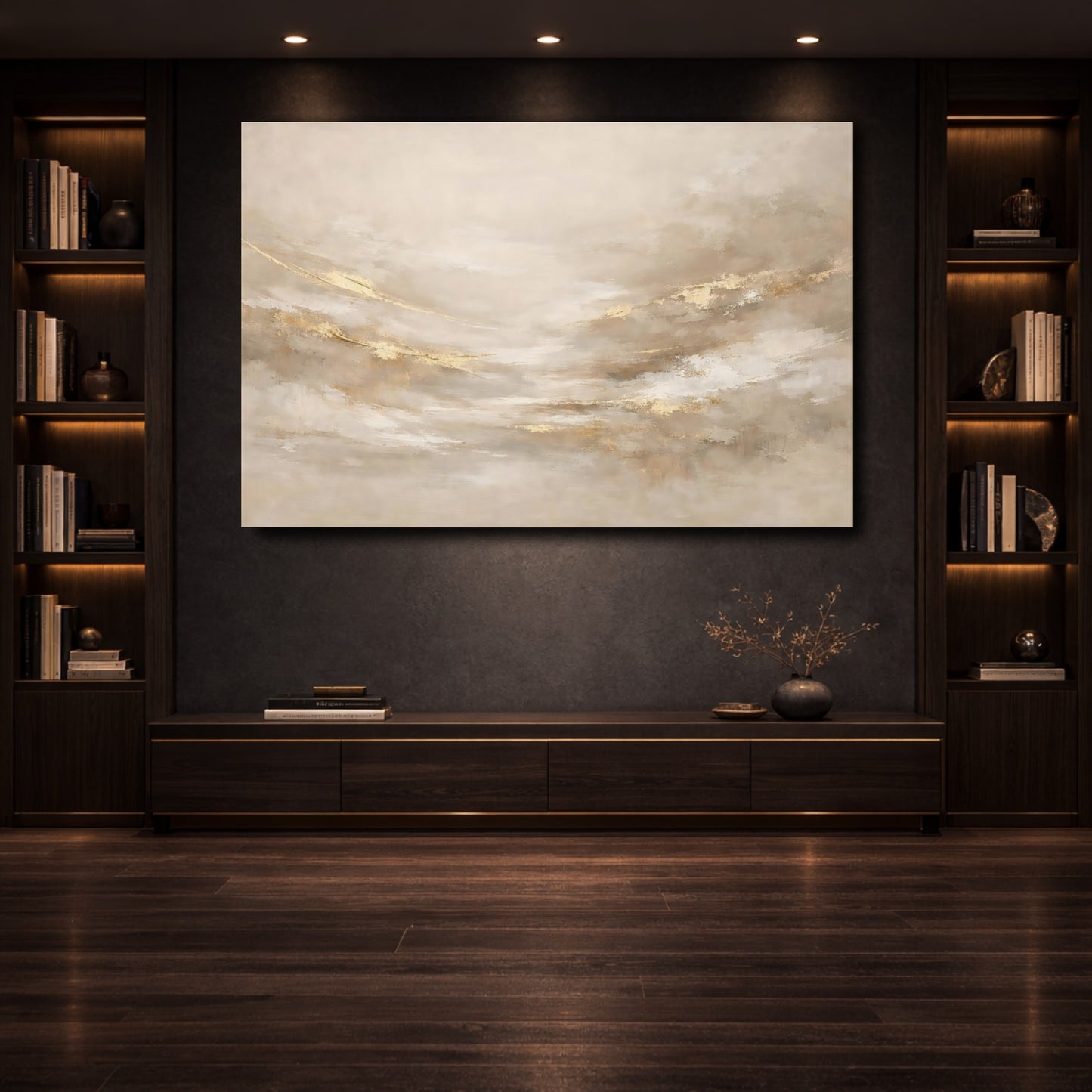 Mockup 3. Abstract Abstract Texture Gold And Beige shown as stretched canvas wall art