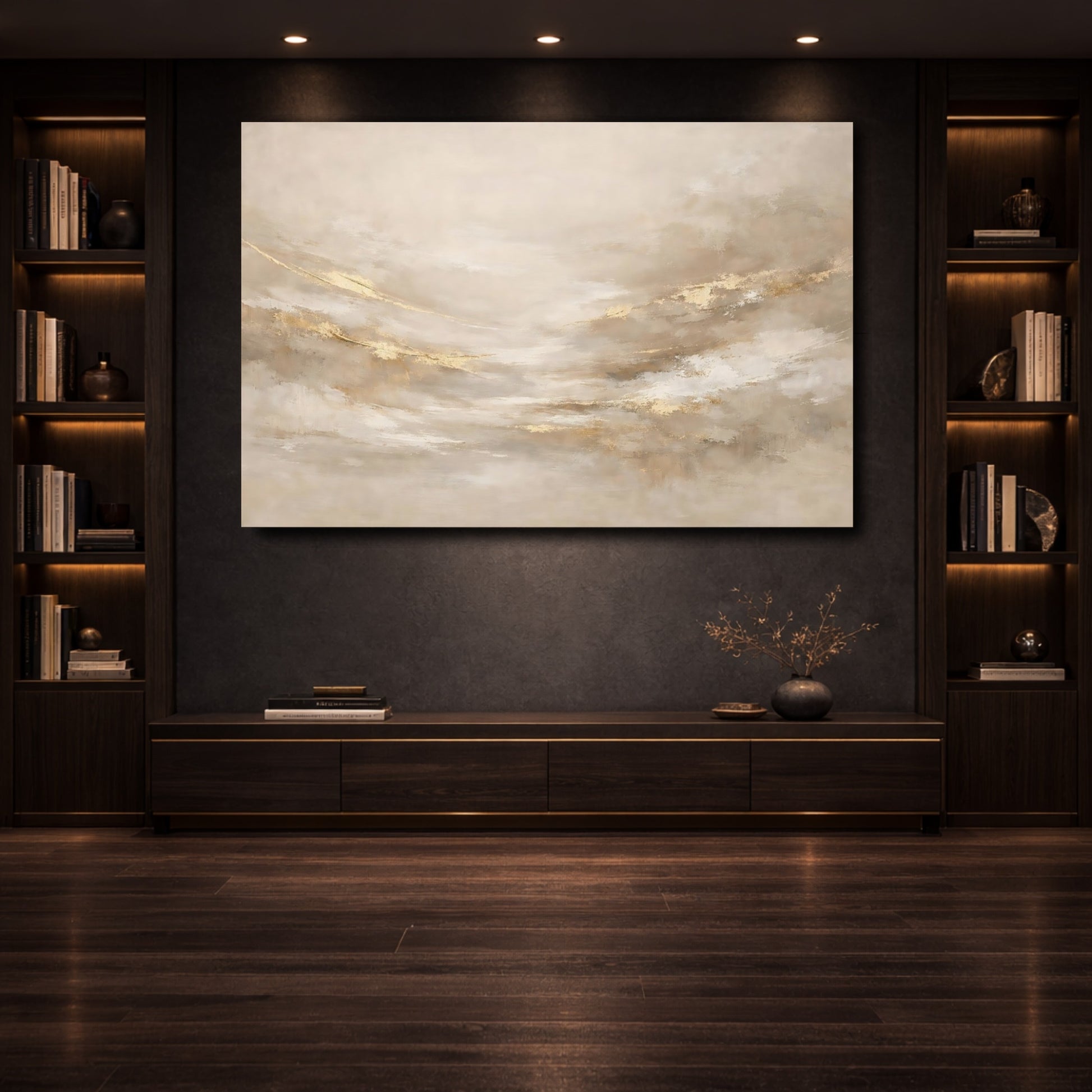 Mockup 3. Abstract Abstract Texture Gold And Beige shown as stretched canvas wall art