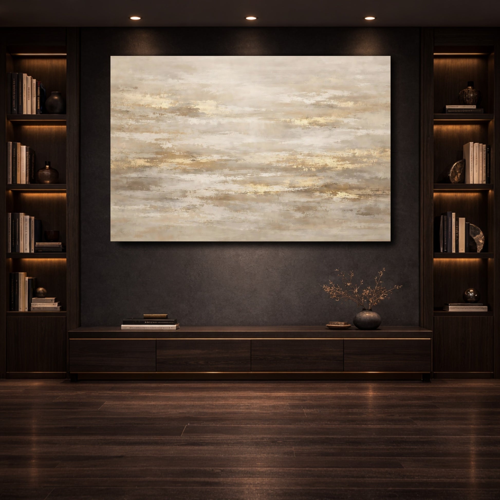 Mockup 3. Abstract Abstract Texture Gold And Beige shown as stretched canvas wall art