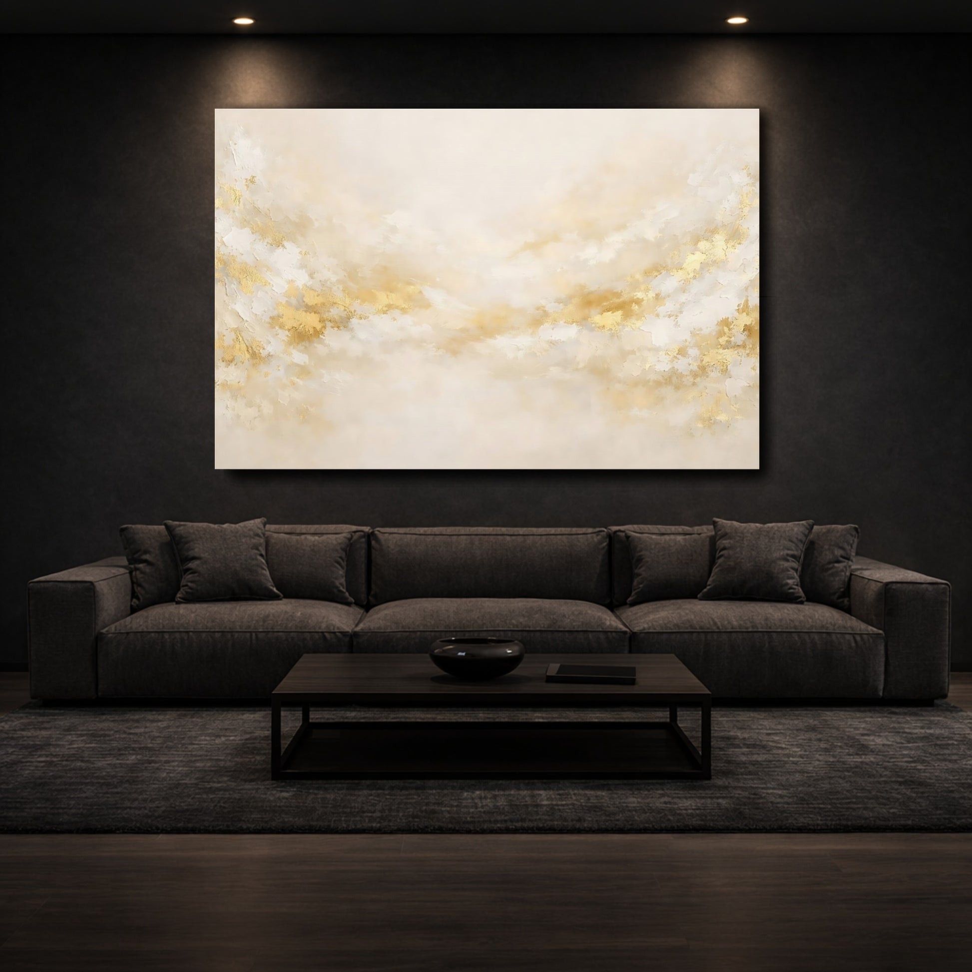 Mockup 2. Abstract Abstract Texture Gold And Cream shown as stretched canvas wall art