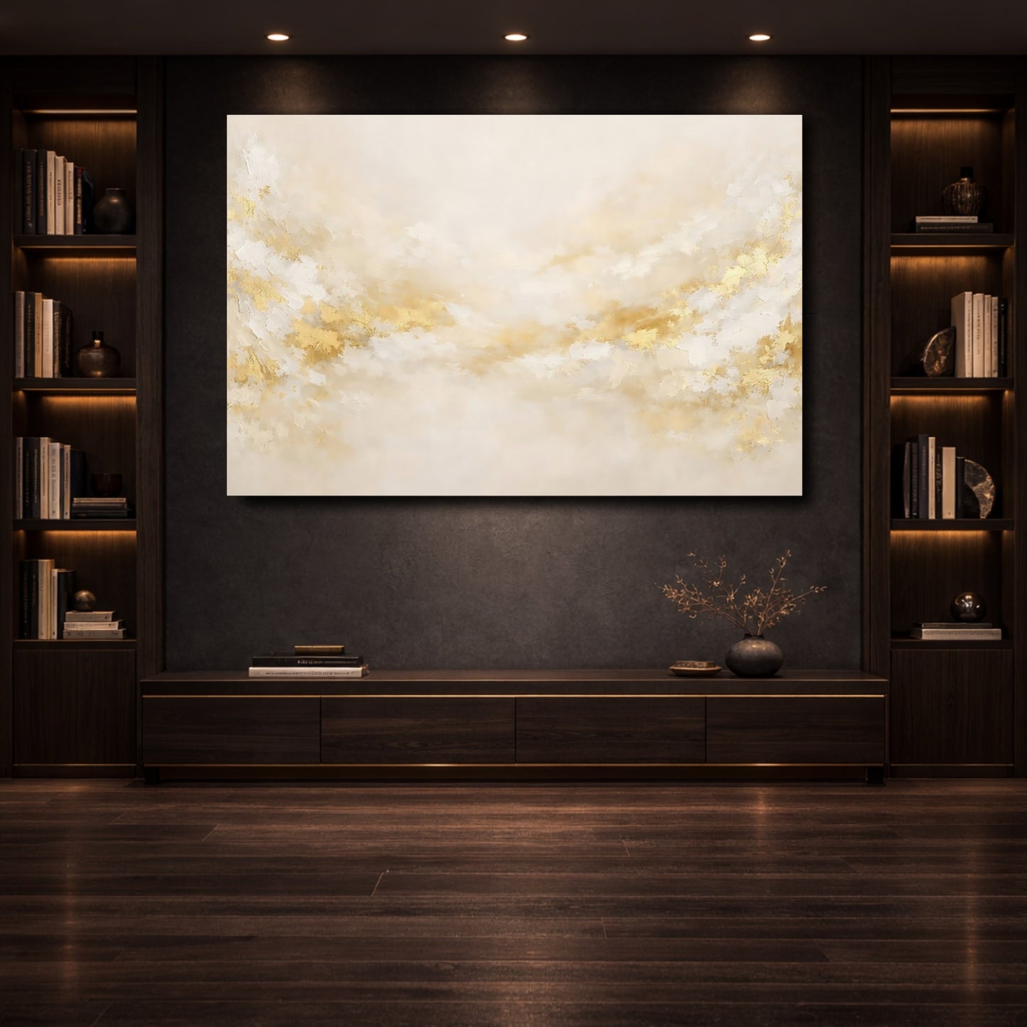 Mockup 3. Abstract Abstract Texture Gold And Cream shown as stretched canvas wall art