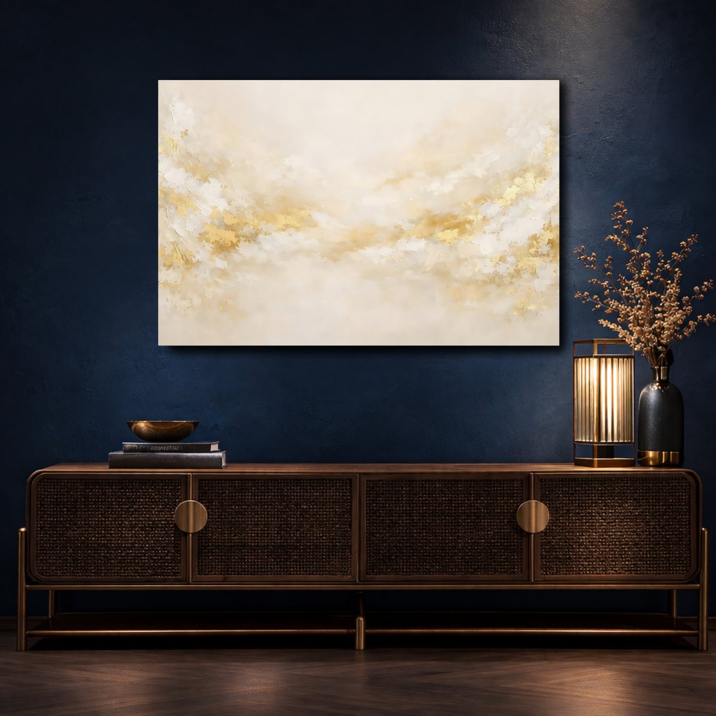 Mockup 4. Abstract Abstract Texture Gold And Cream shown as stretched canvas wall art