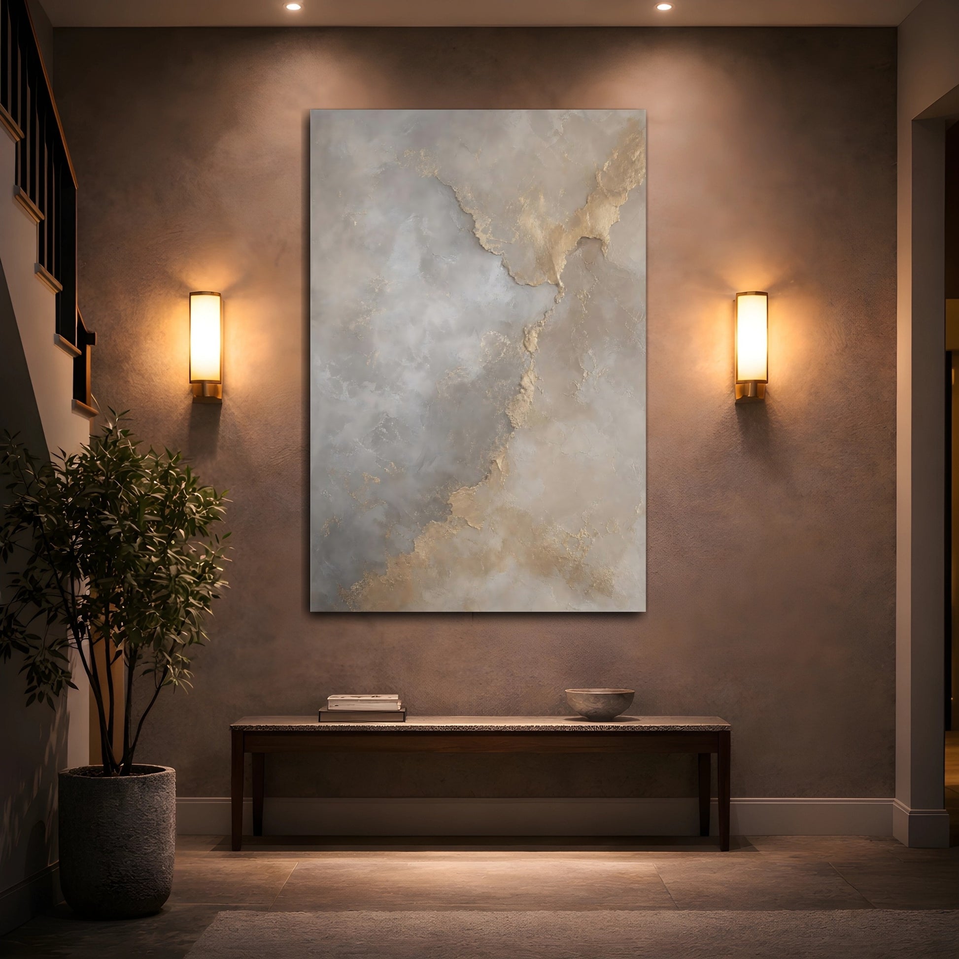 Mockup 2. Abstract Abstract Texture Gold Grey Abstract shown as stretched canvas wall art