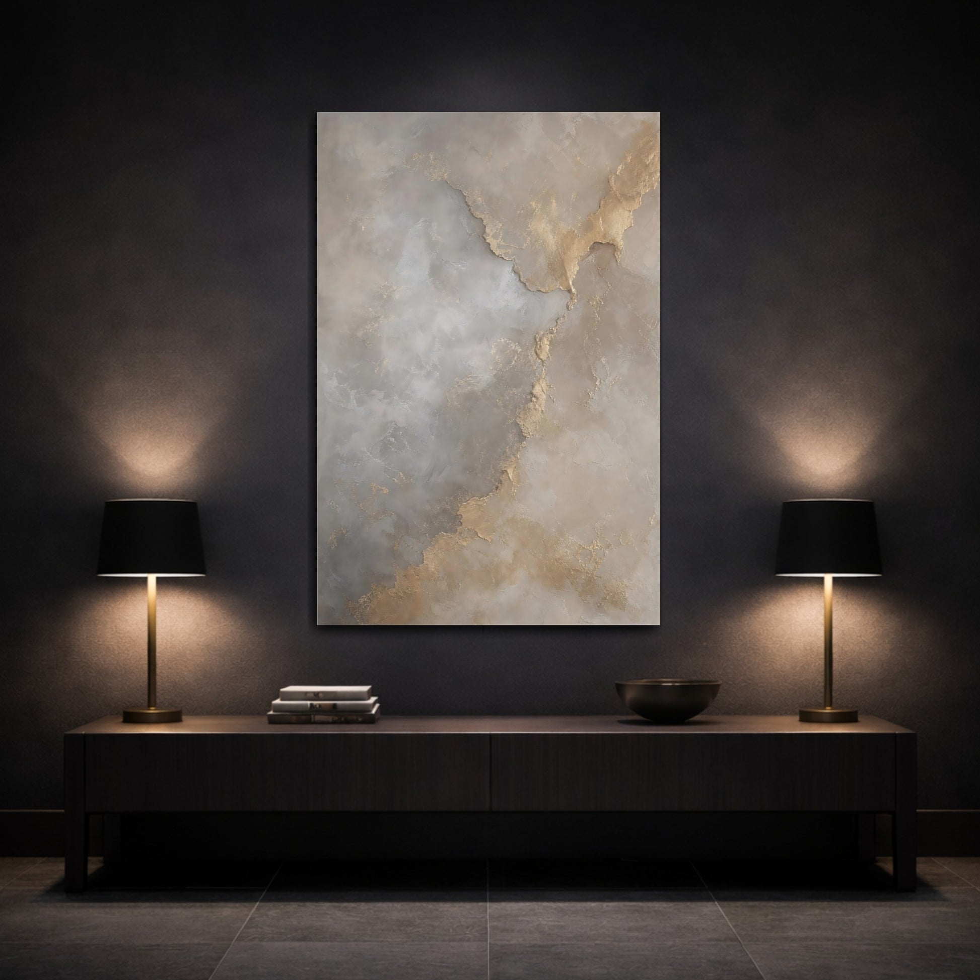 Mockup 3. Abstract Abstract Texture Gold Grey Abstract shown as stretched canvas wall art