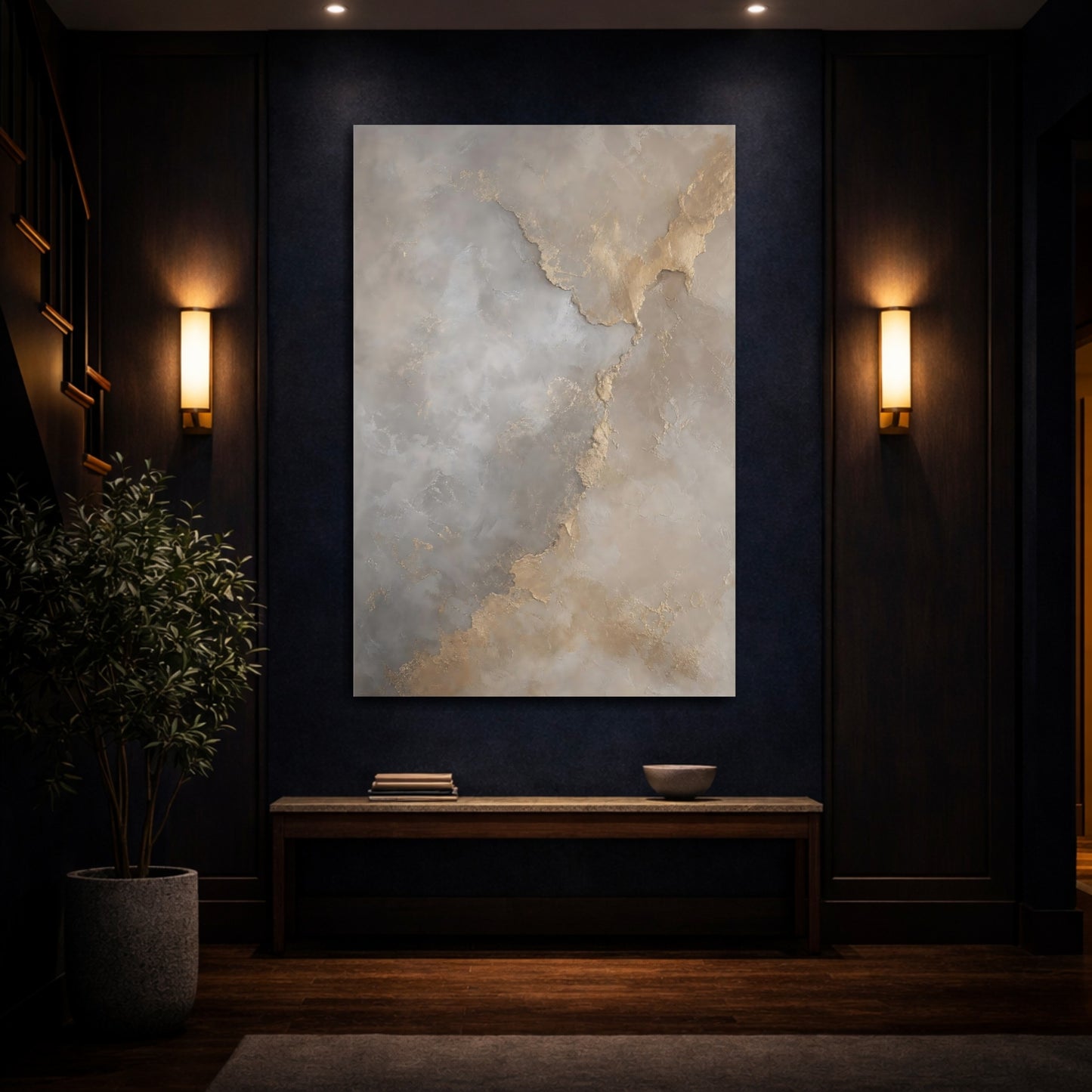 Mockup 4. Abstract Abstract Texture Gold Grey Abstract shown as stretched canvas wall art