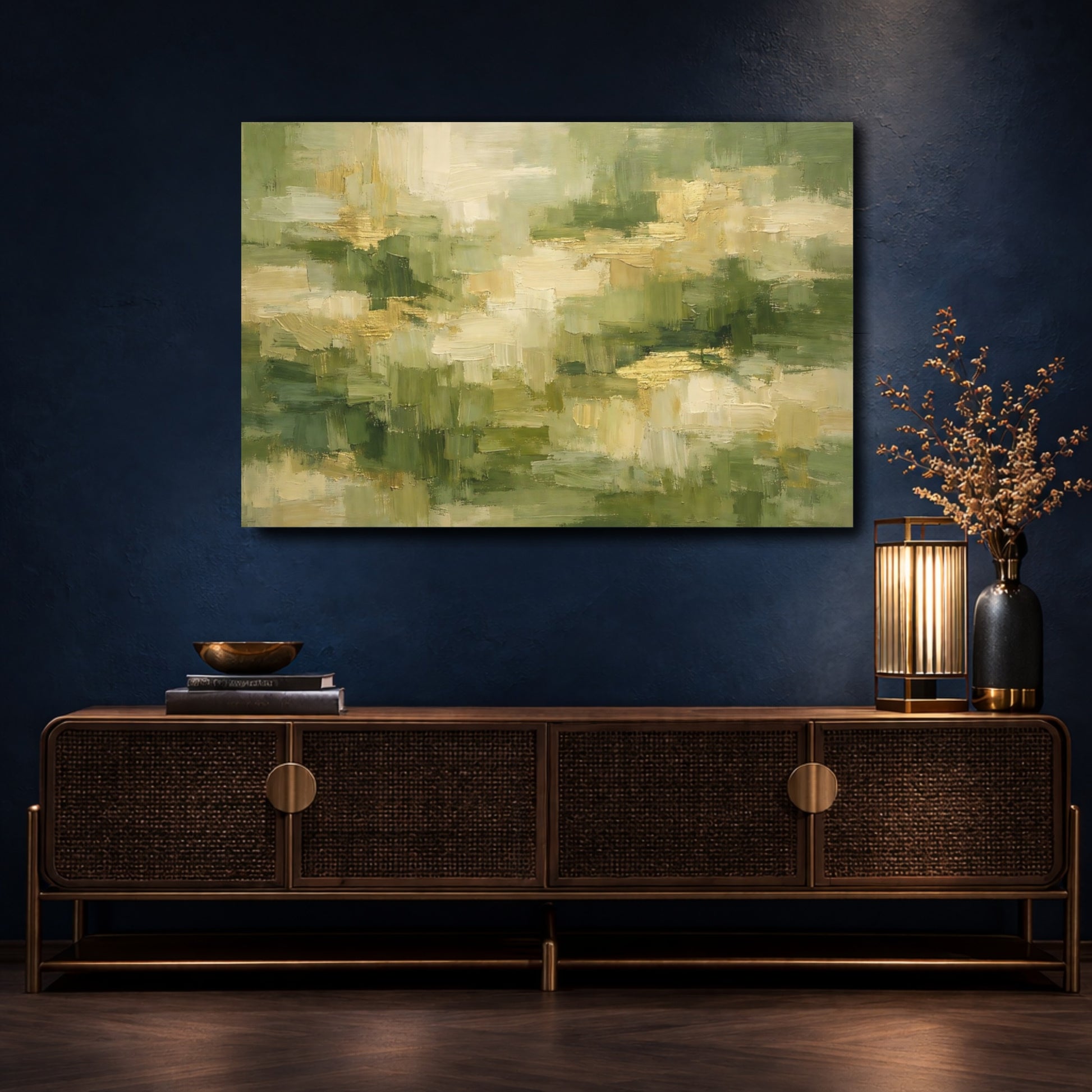 Mockup 4. Abstract Abstract Texture Green And Gold Abstract shown as stretched canvas wall art