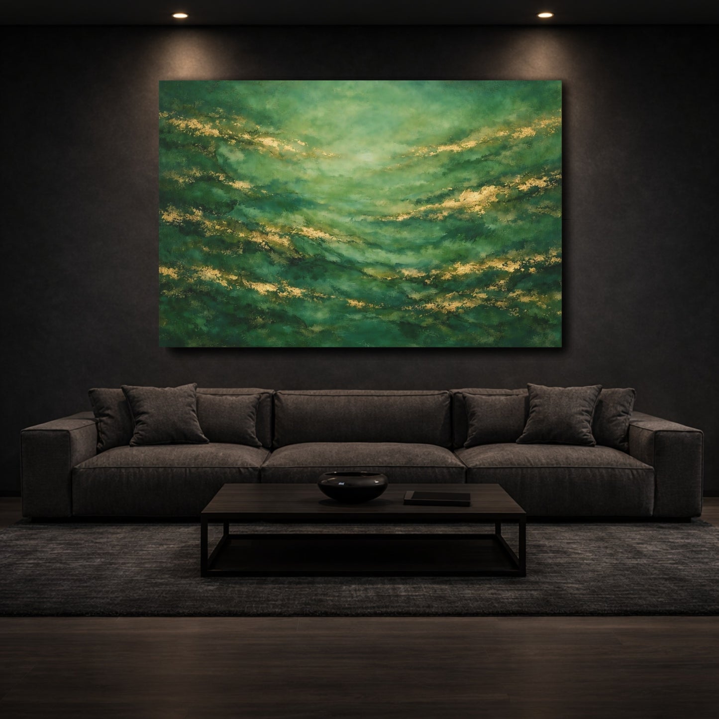 Mockup 2. Abstract Abstract Texture Green And Gold shown as stretched canvas wall art