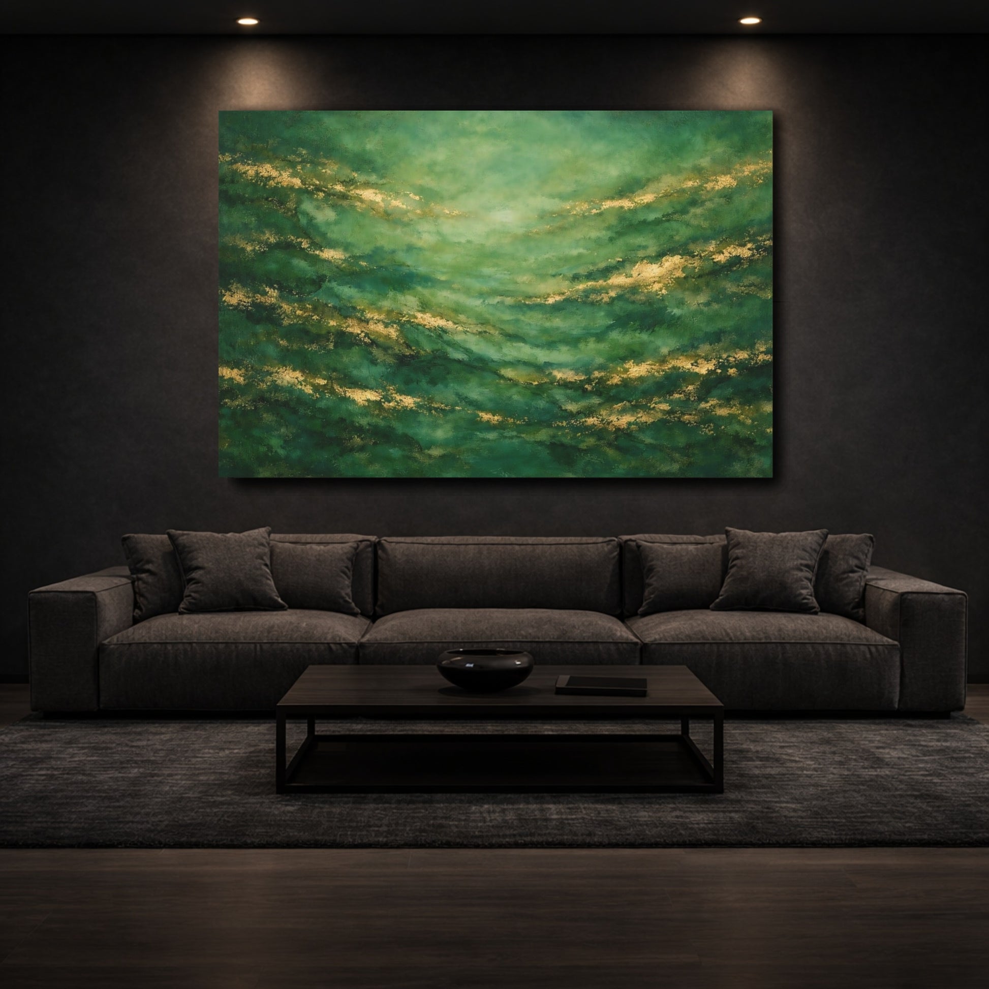 Mockup 2. Abstract Abstract Texture Green And Gold shown as stretched canvas wall art