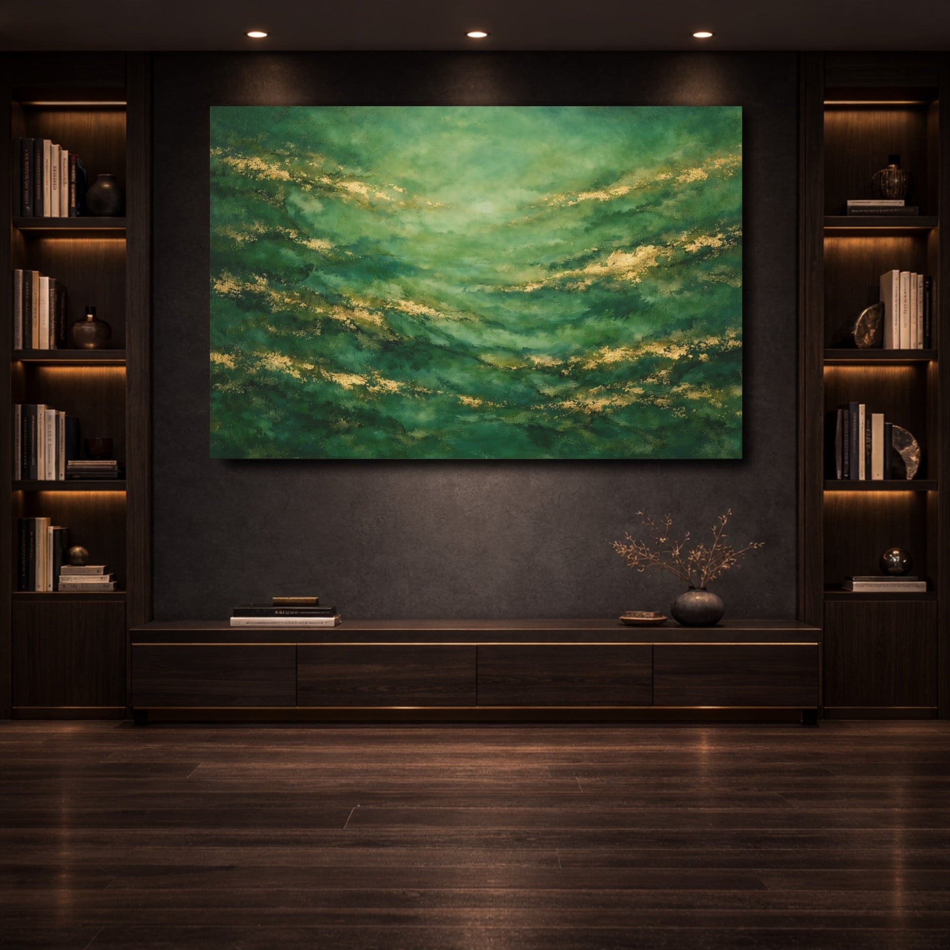 Mockup 3. Abstract Abstract Texture Green And Gold shown as stretched canvas wall art