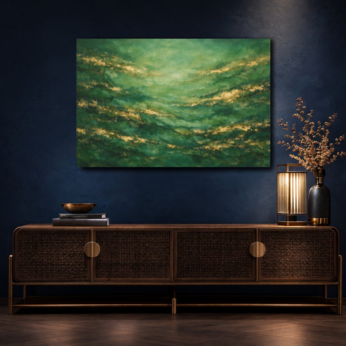 Mockup 4. Abstract Abstract Texture Green And Gold shown as stretched canvas wall art