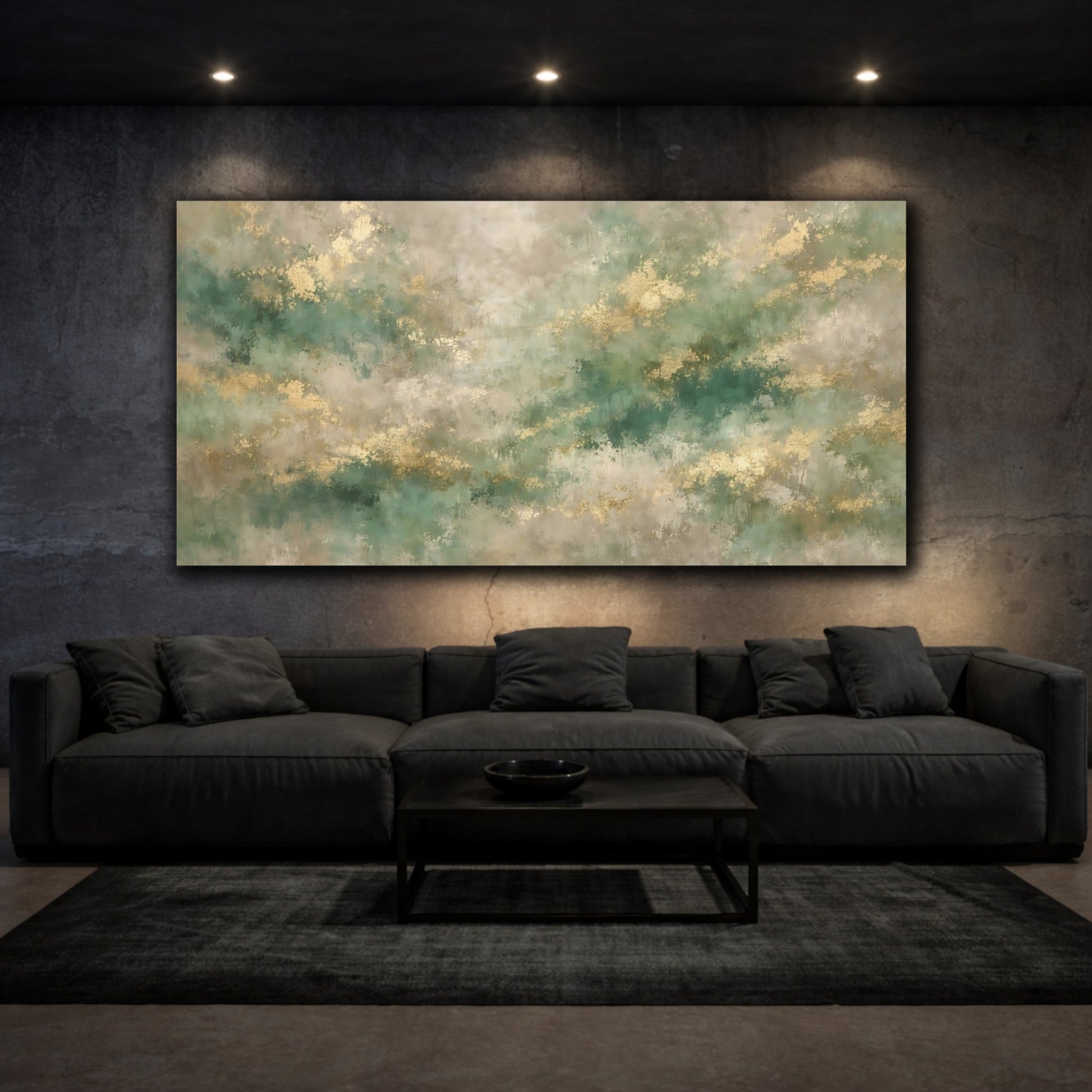 Mockup 2. Abstract Abstract Texture Green Gold Abstract shown as stretched canvas wall art