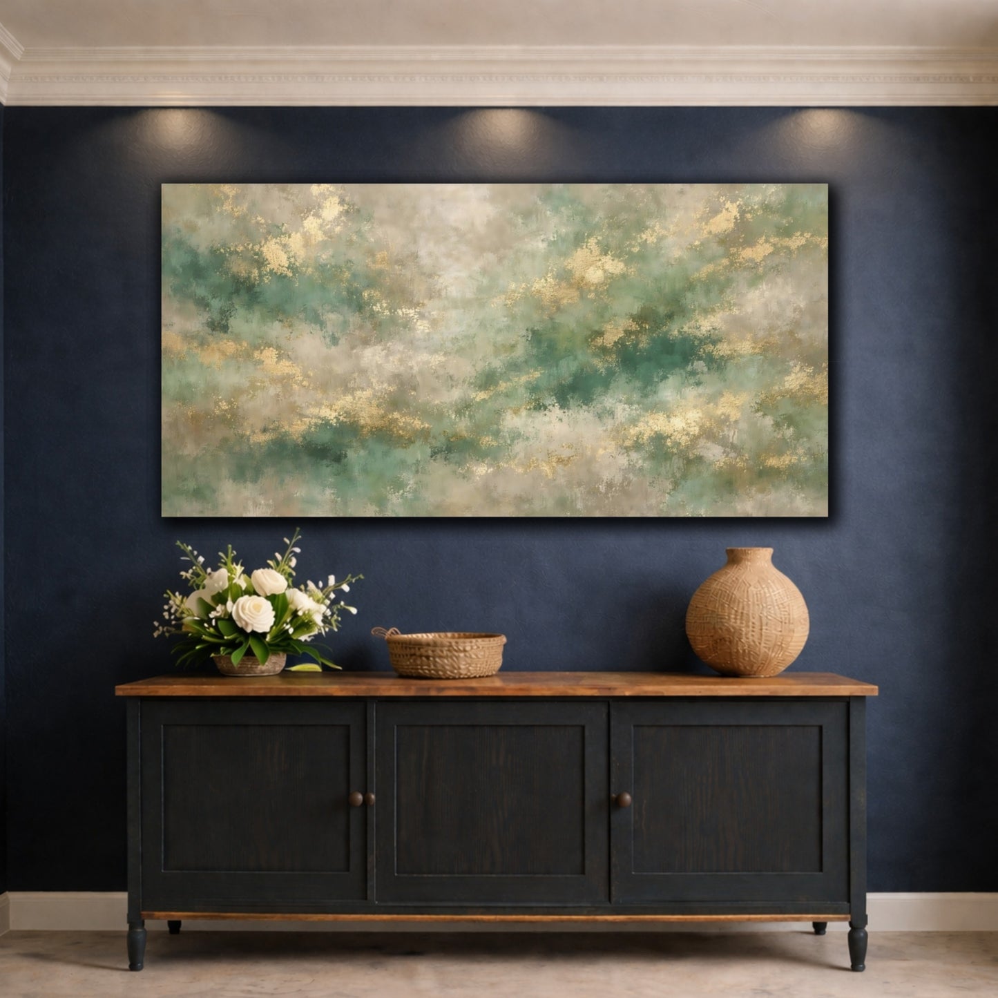 Mockup 4. Abstract Abstract Texture Green Gold Abstract shown as stretched canvas wall art