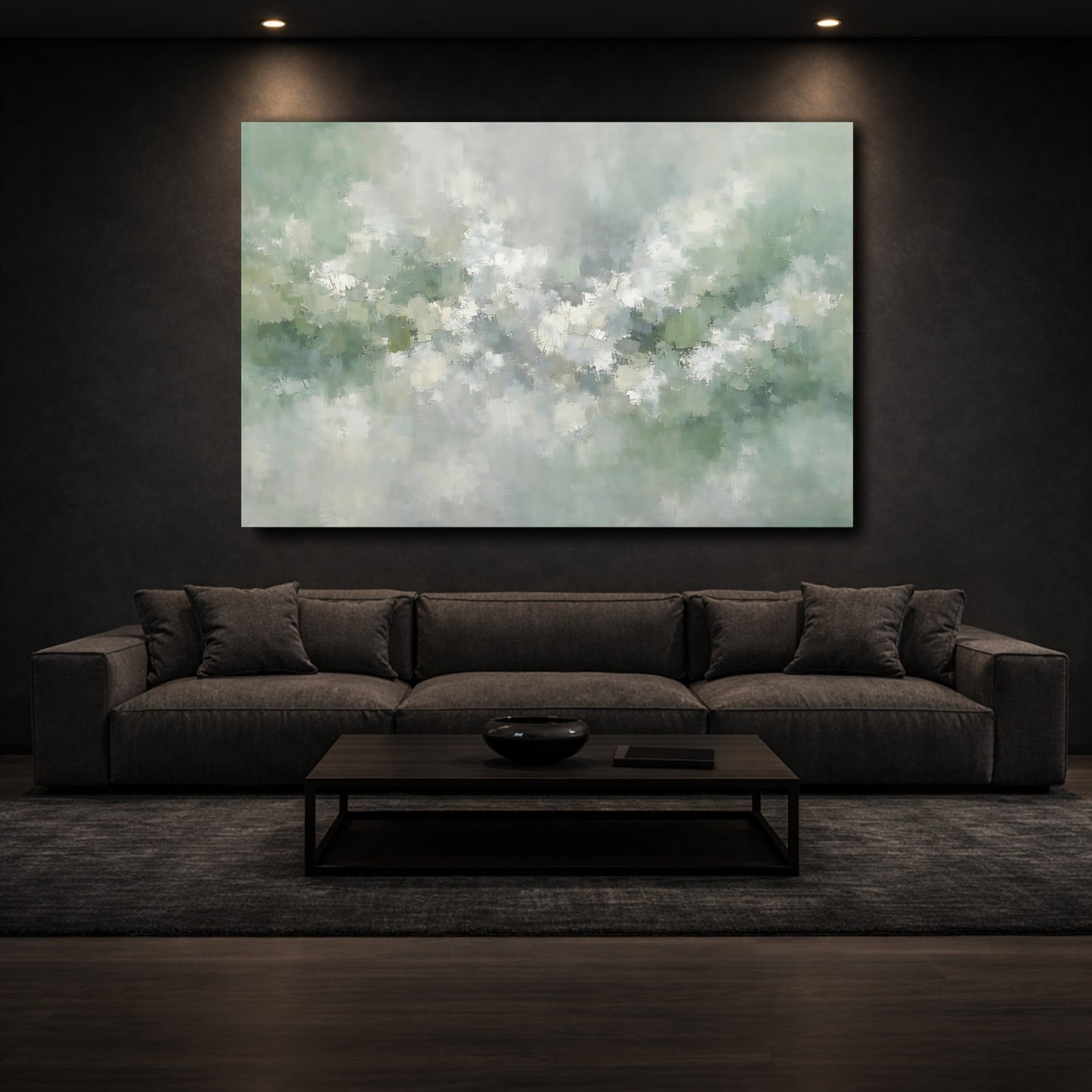 Mockup 2. Abstract Abstract Texture Muted Green Abstract shown as stretched canvas wall art
