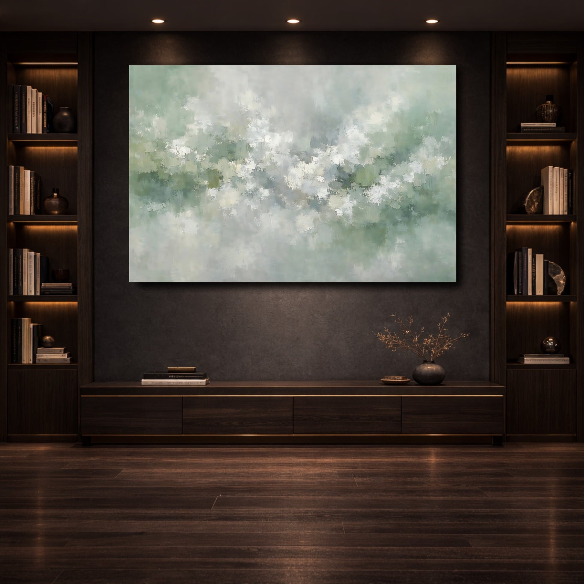 Mockup 3. Abstract Abstract Texture Muted Green Abstract shown as stretched canvas wall art