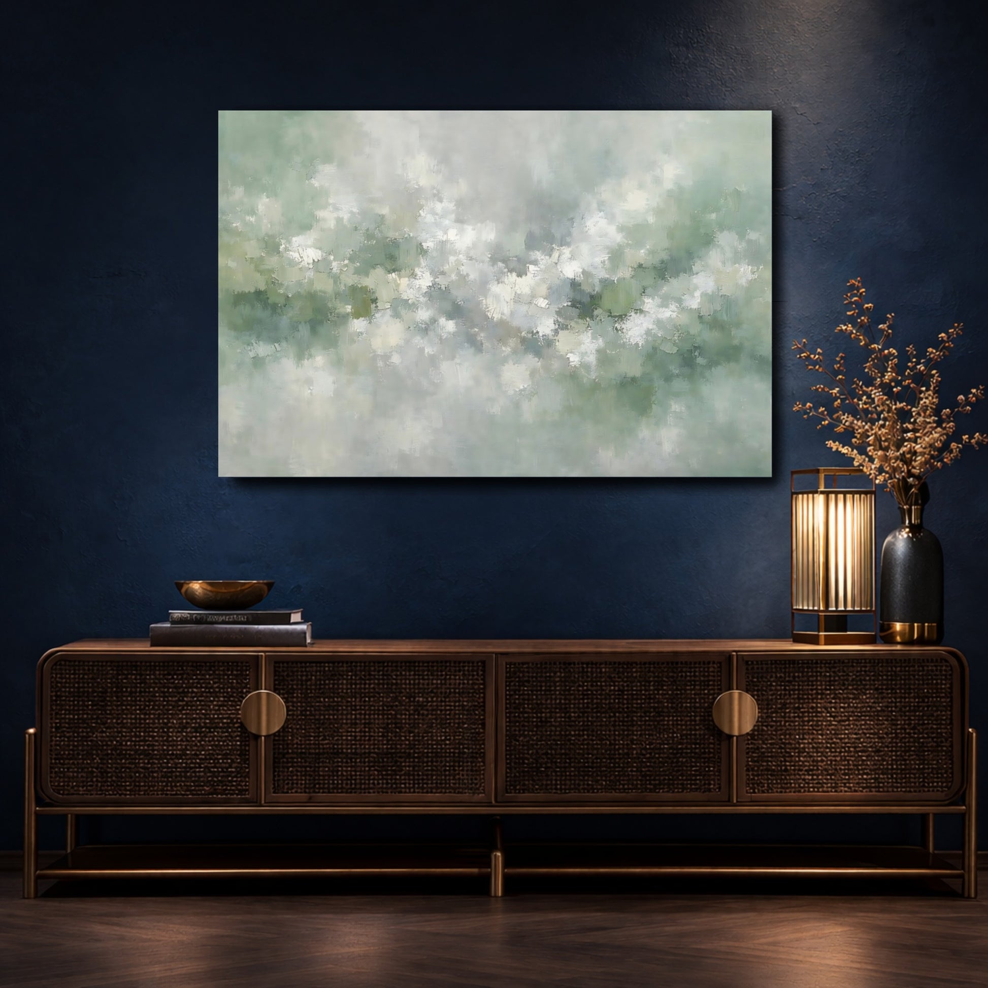 Mockup 4. Abstract Abstract Texture Muted Green Abstract shown as stretched canvas wall art