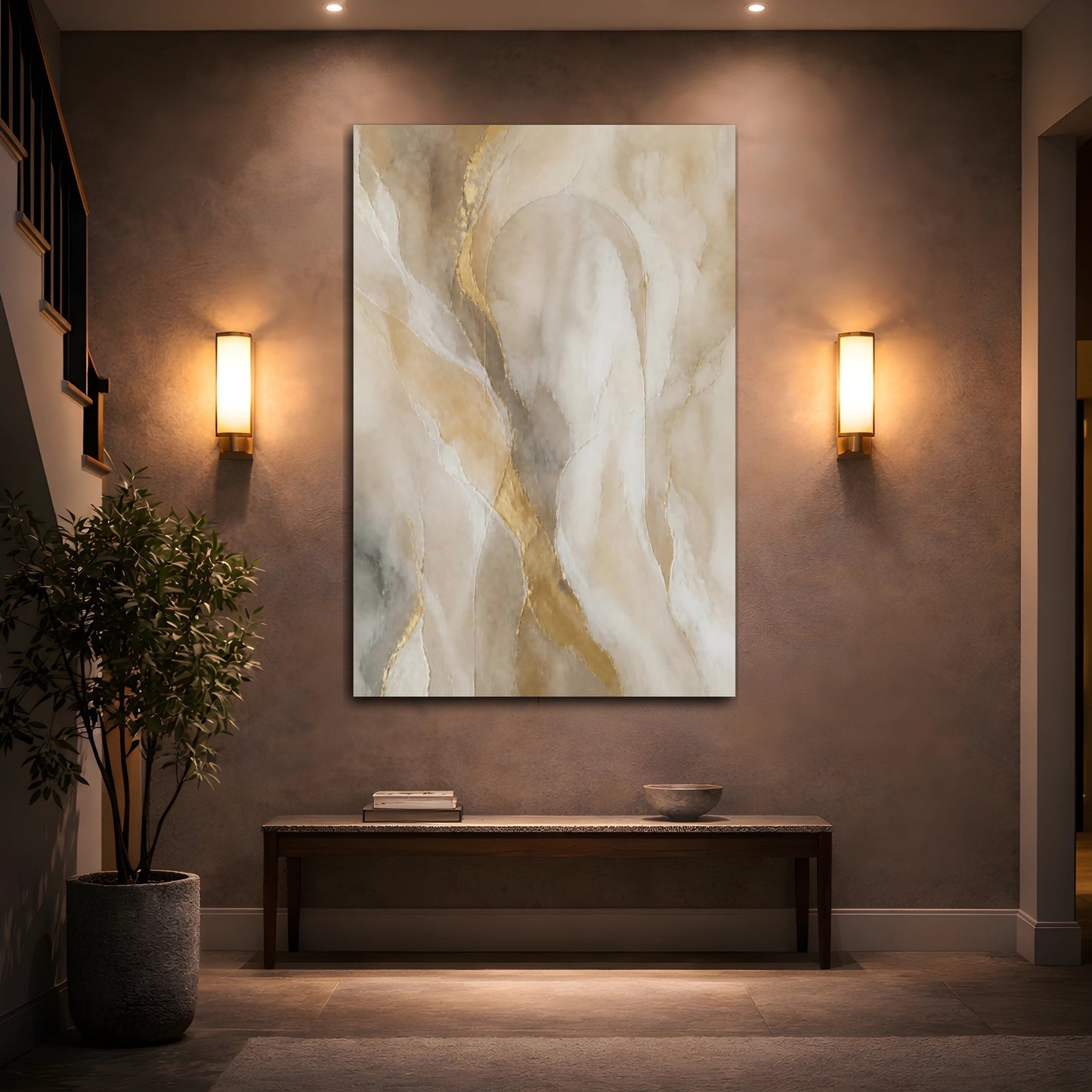 Mockup 2. Abstract Abstract Texture Neutral Gold Abstract shown as stretched canvas wall art