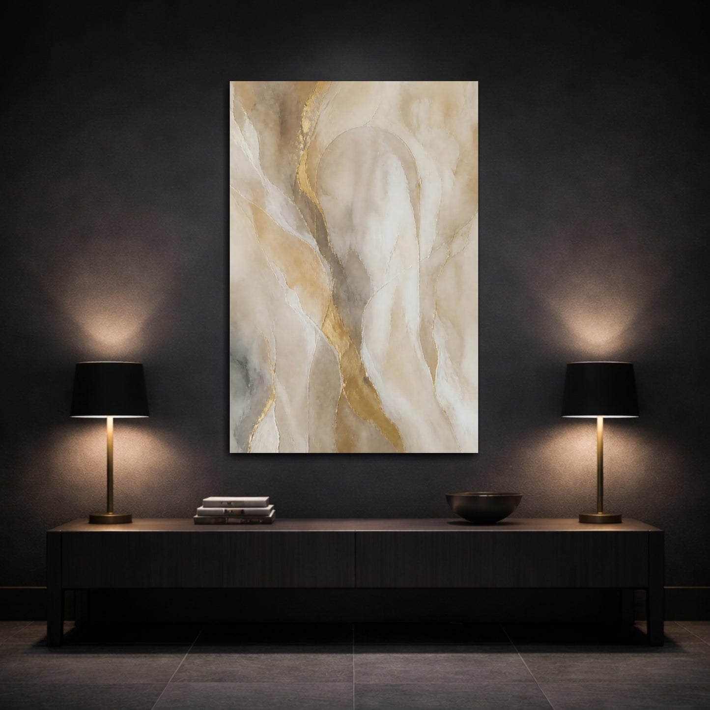 Mockup 3. Abstract Abstract Texture Neutral Gold Abstract shown as stretched canvas wall art