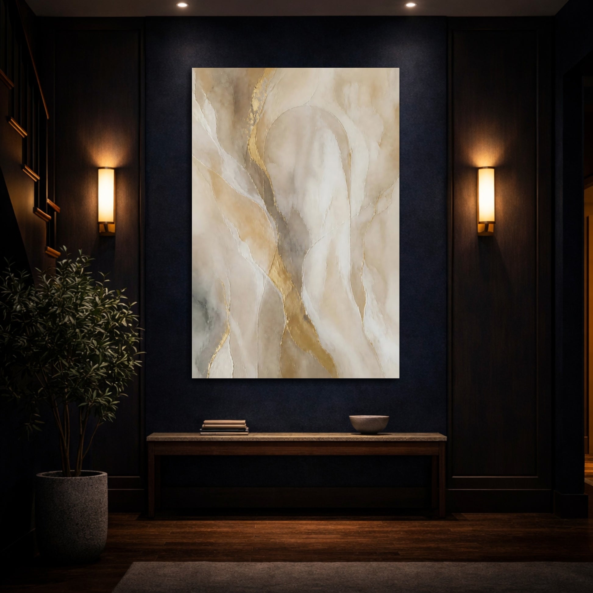 Mockup 4. Abstract Abstract Texture Neutral Gold Abstract shown as stretched canvas wall art