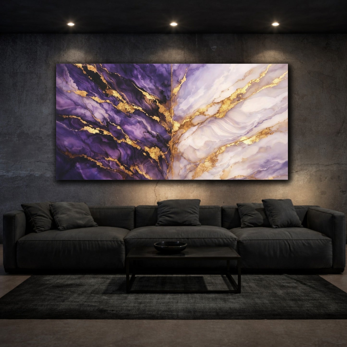 Mockup 2. Abstract Abstract Texture Purple Gold Marble shown as stretched canvas wall art