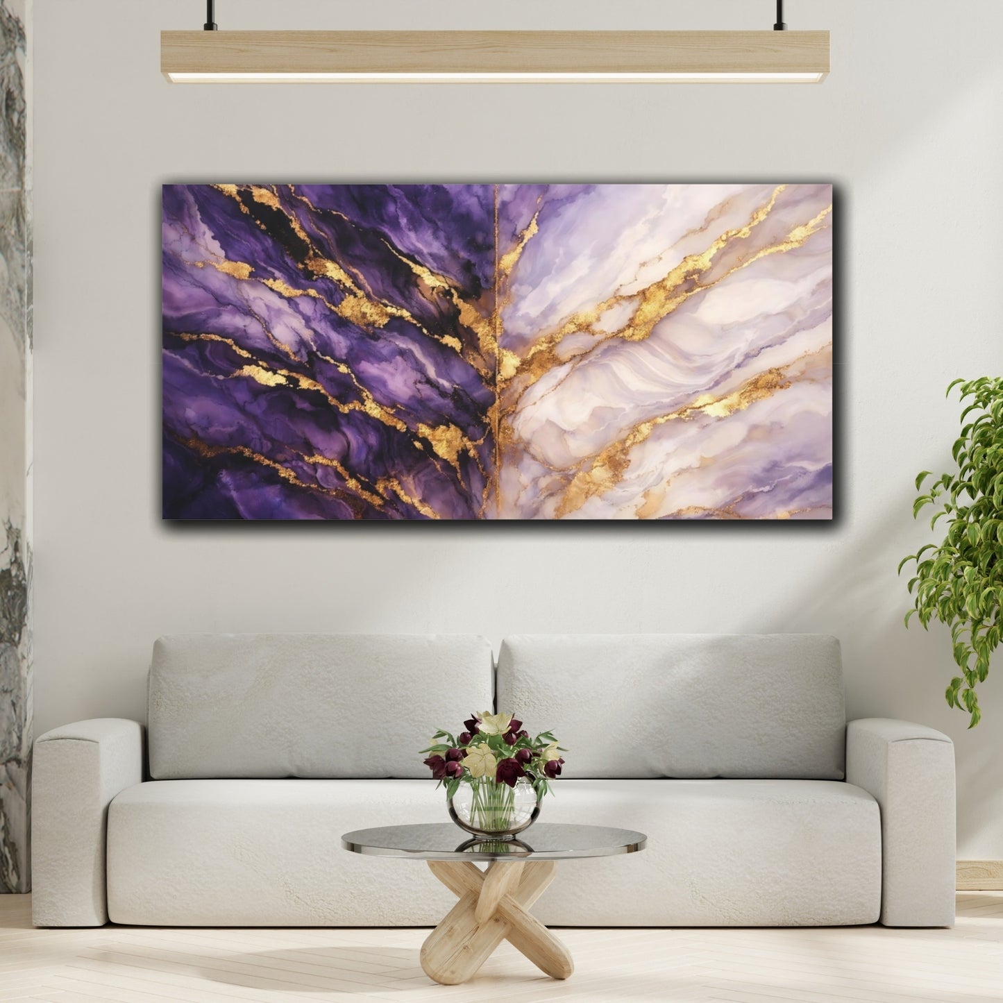 Mockup 3. Abstract Abstract Texture Purple Gold Marble shown as stretched canvas wall art
