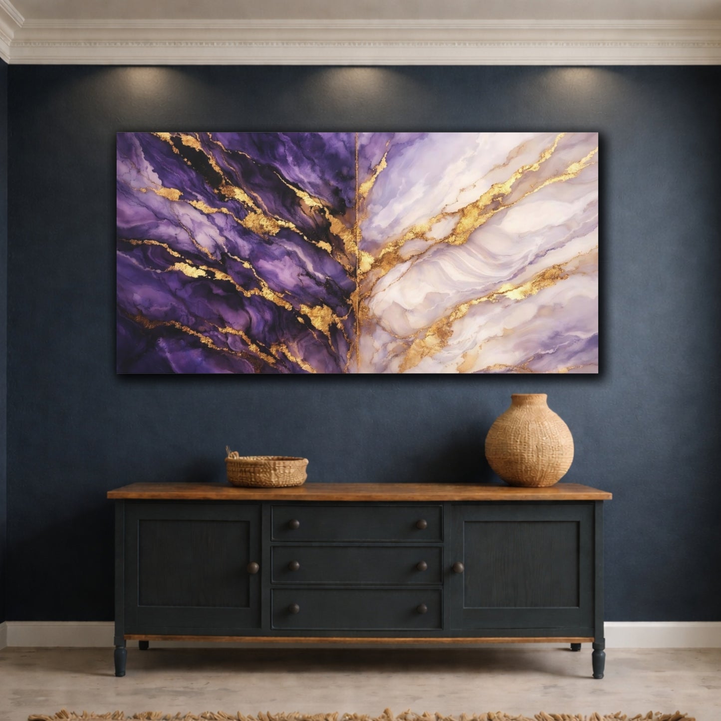 Mockup 4. Abstract Abstract Texture Purple Gold Marble shown as stretched canvas wall art