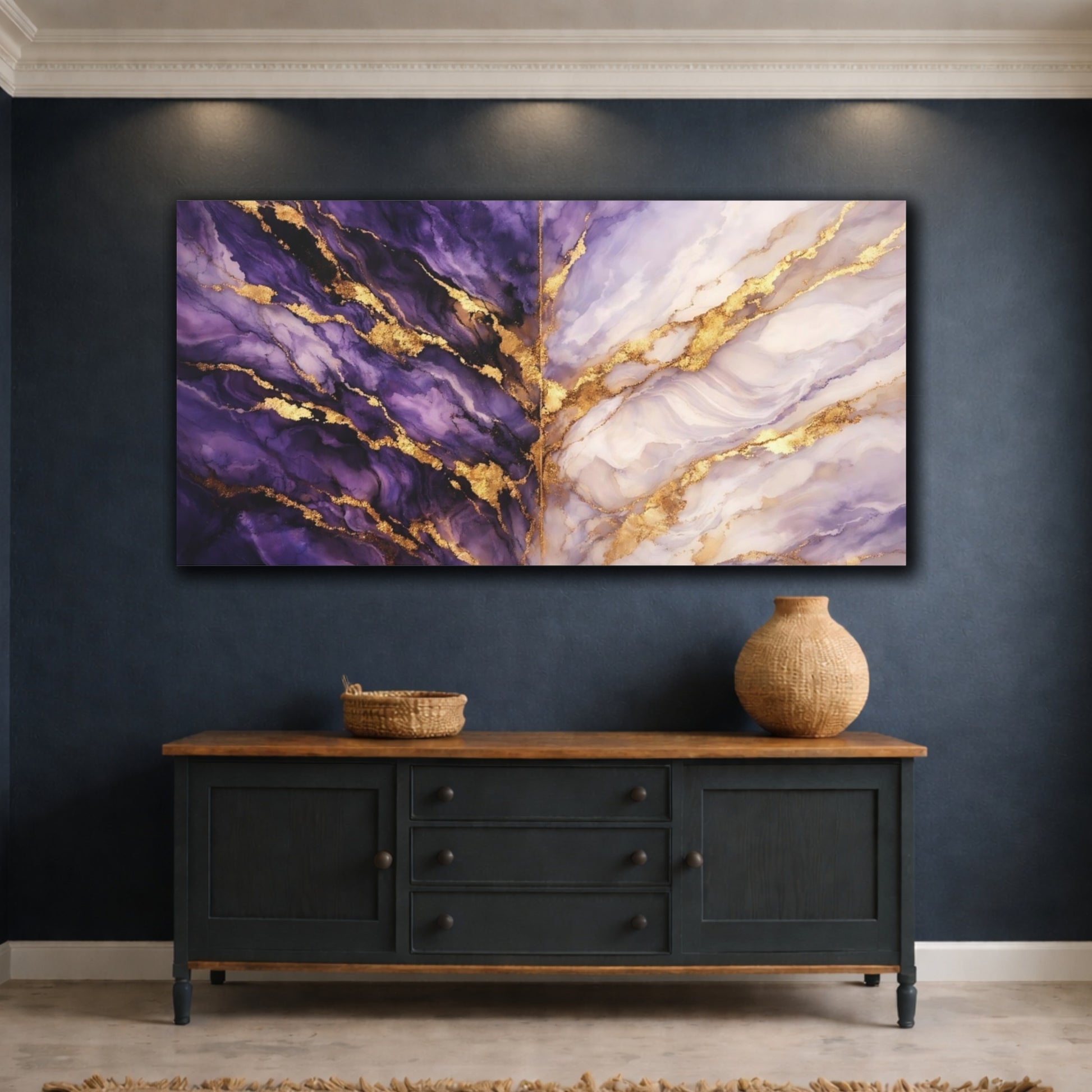Mockup 4. Abstract Abstract Texture Purple Gold Marble shown as stretched canvas wall art