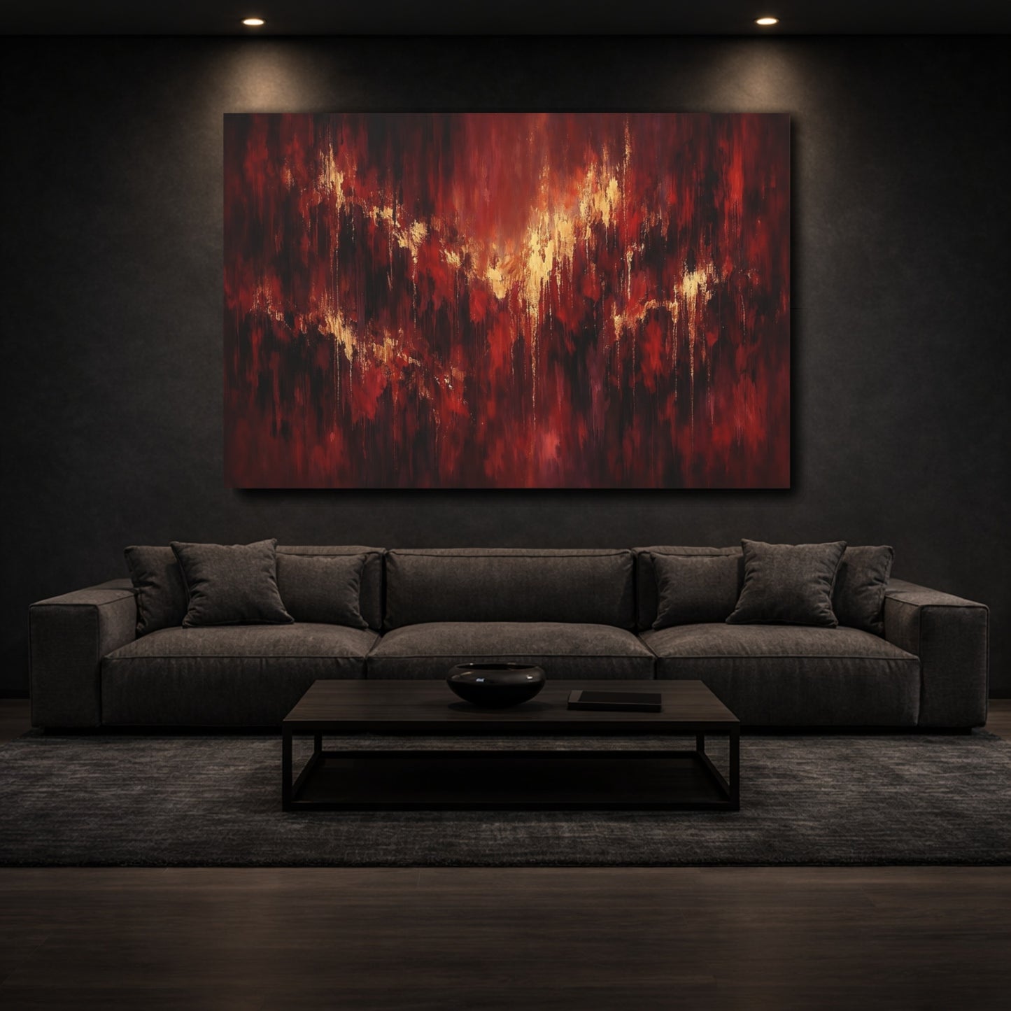 Mockup 2. Abstract Abstract Texture Red And Gold Abstract shown as stretched canvas wall art
