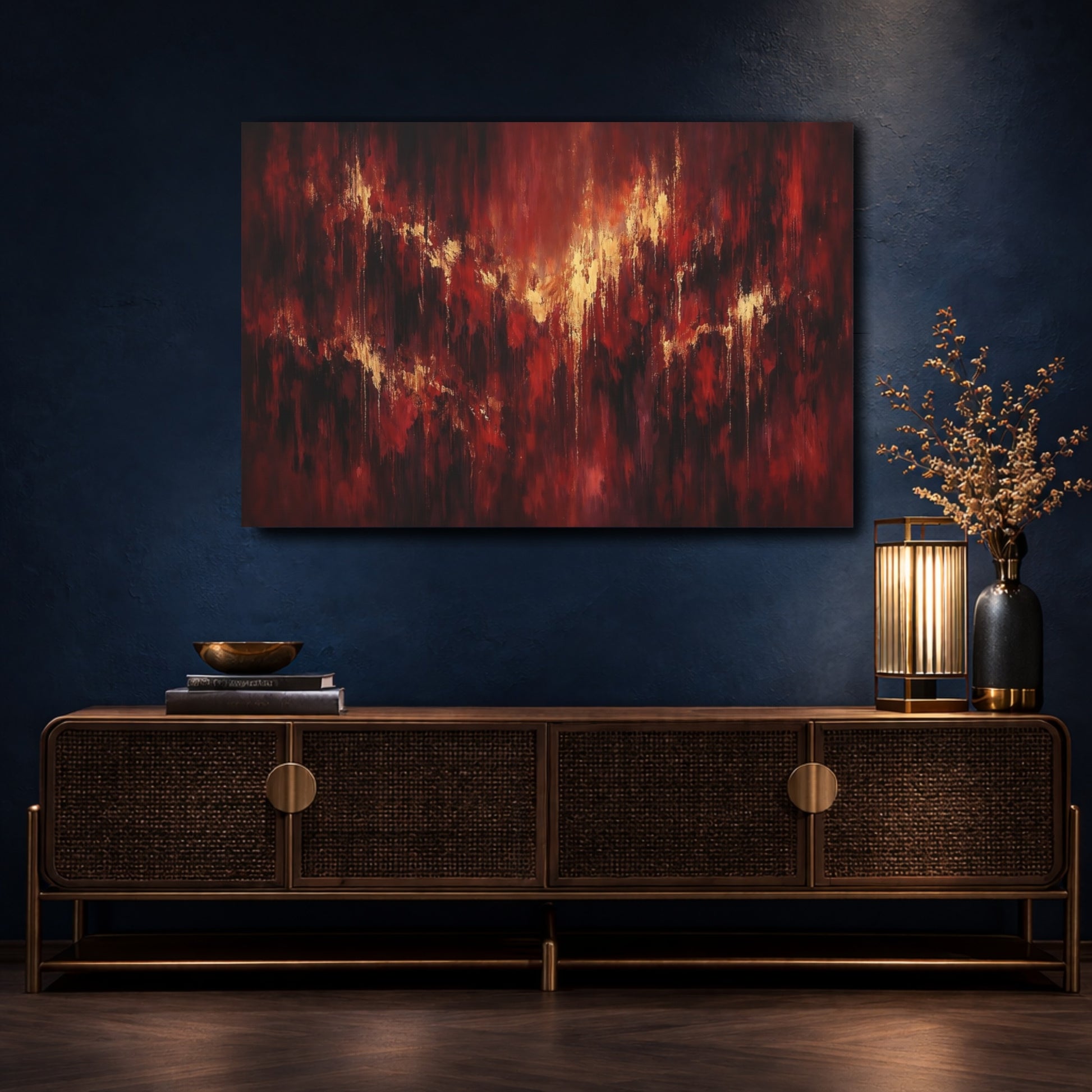 Mockup 4. Abstract Abstract Texture Red And Gold Abstract shown as stretched canvas wall art