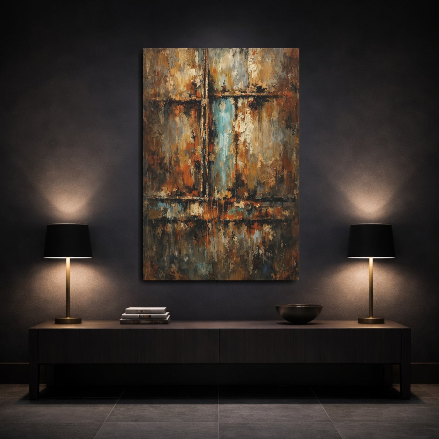 Mockup 2. Abstract Abstract Texture Rust Blue Abstract shown as stretched canvas wall art
