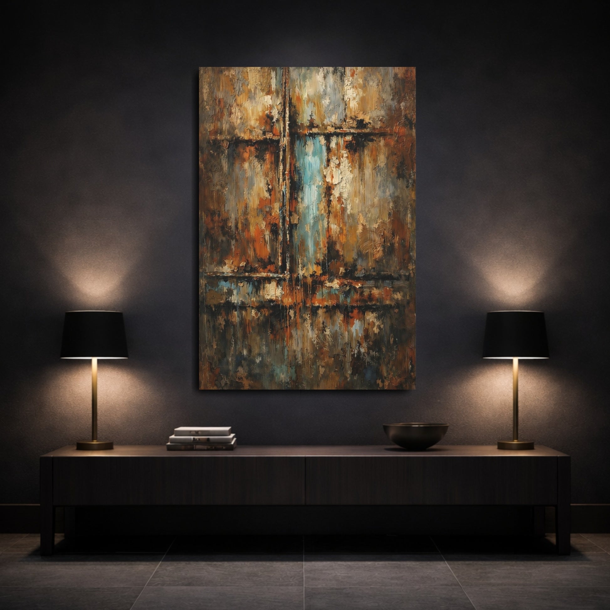 Mockup 2. Abstract Abstract Texture Rust Blue Abstract shown as stretched canvas wall art