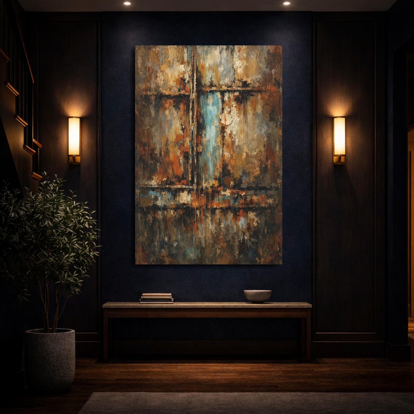 Mockup 3. Abstract Abstract Texture Rust Blue Abstract shown as stretched canvas wall art