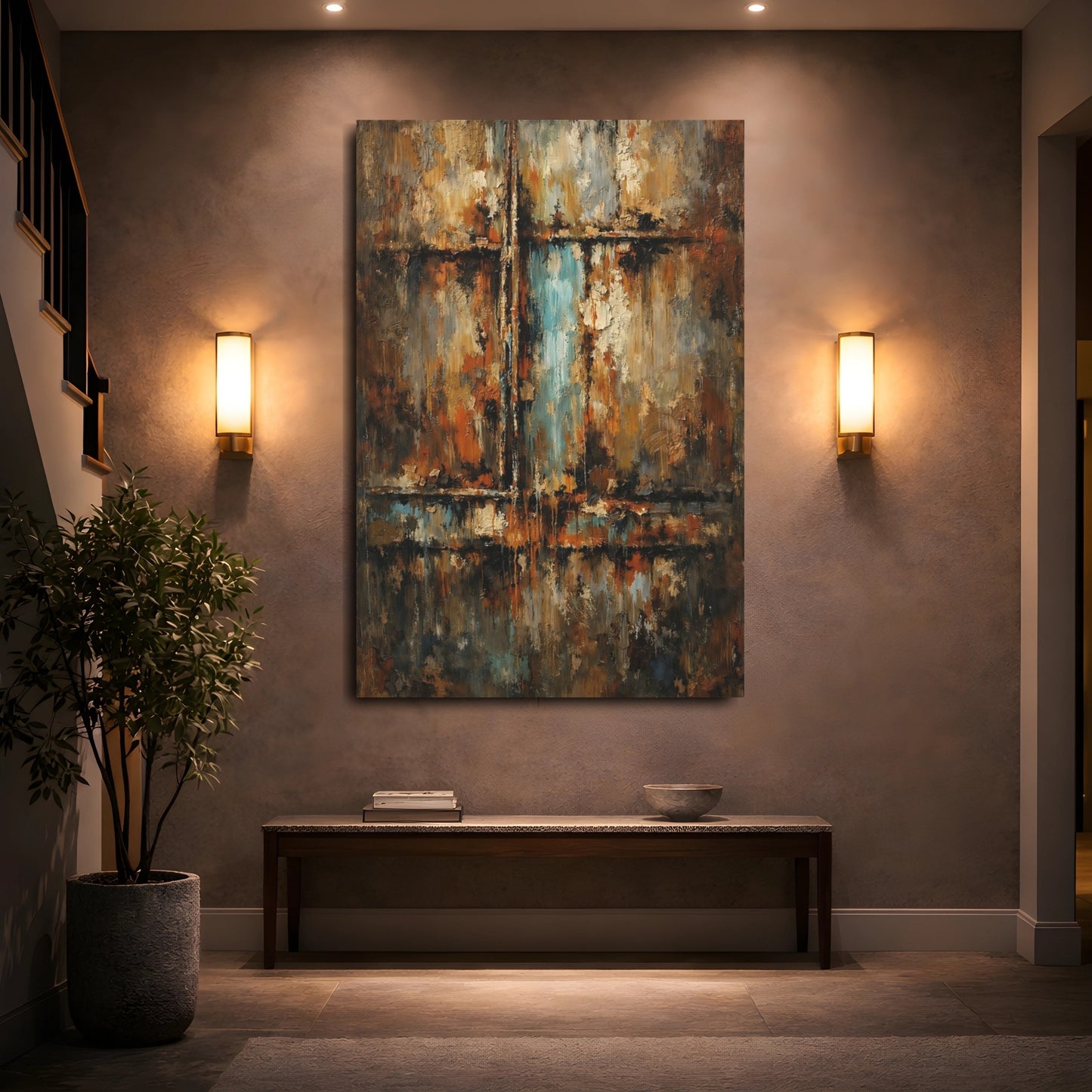 Mockup 4. Abstract Abstract Texture Rust Blue Abstract shown as stretched canvas wall art