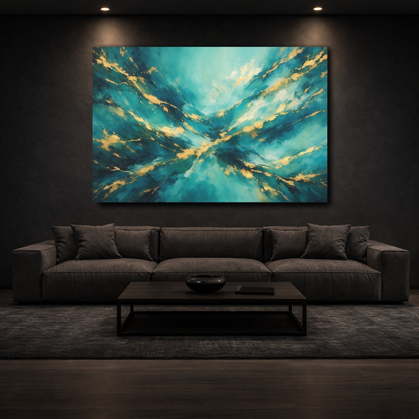 Mockup 2. Abstract Abstract Texture Teal And Gold shown as stretched canvas wall art