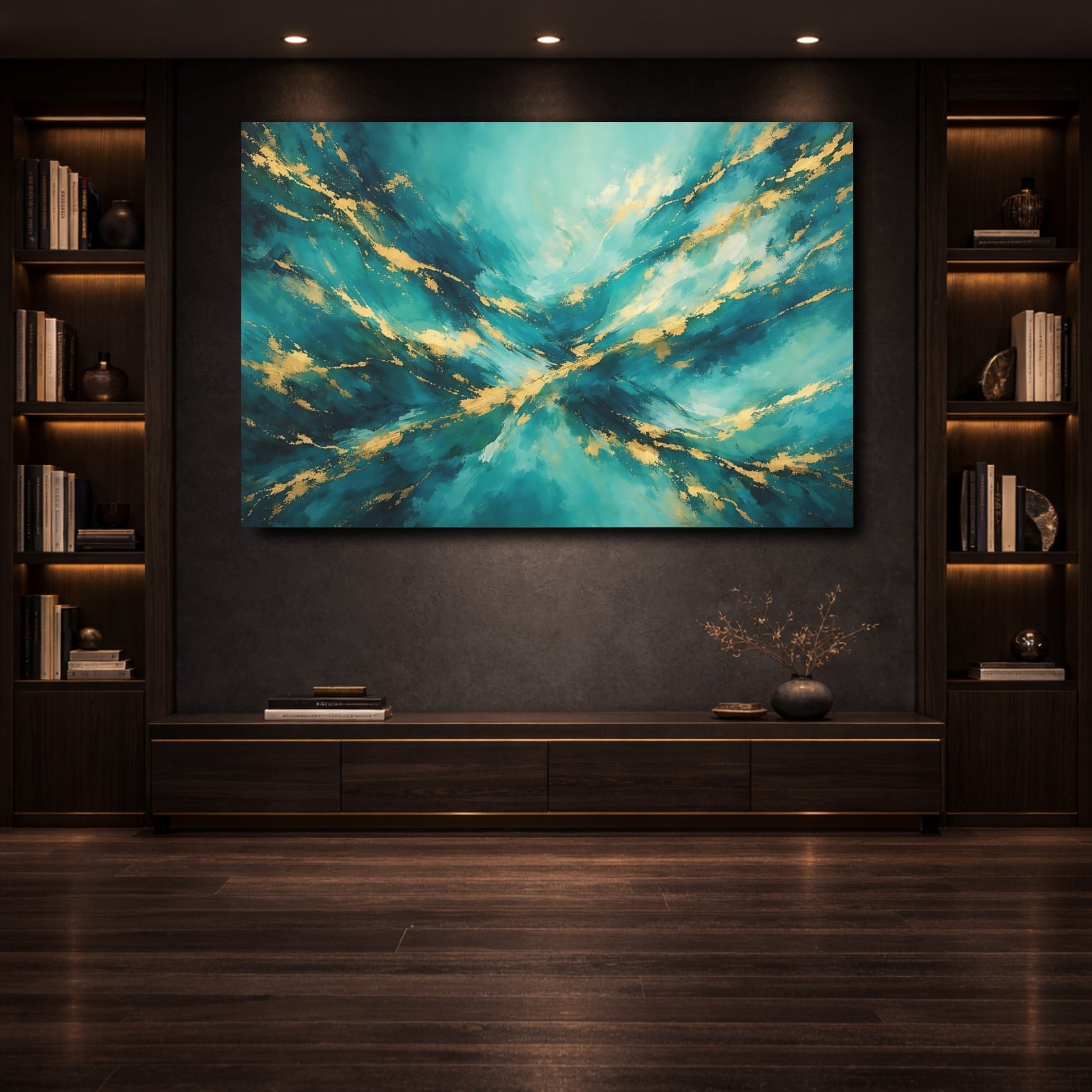 Mockup 3. Abstract Abstract Texture Teal And Gold shown as stretched canvas wall art