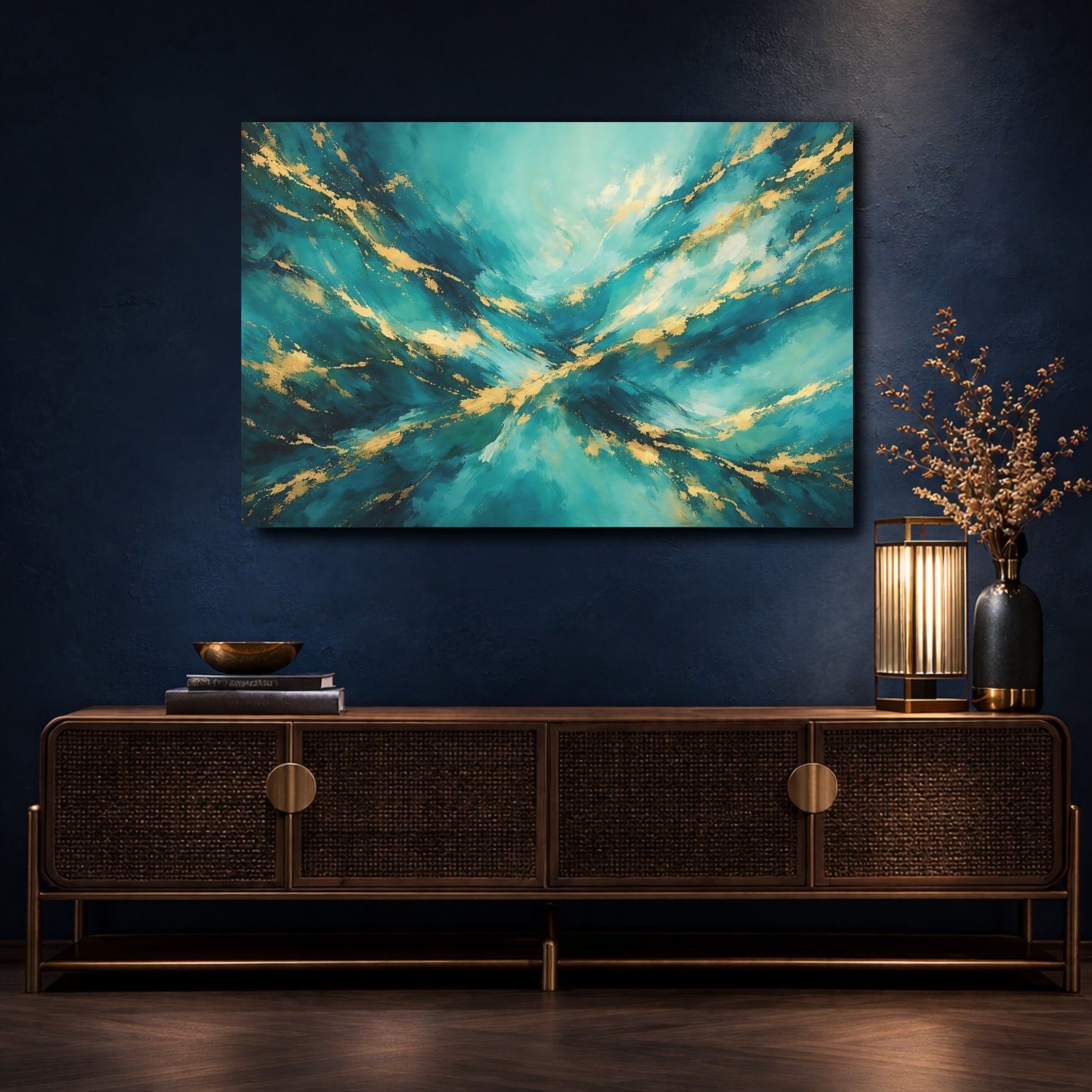 Mockup 4. Abstract Abstract Texture Teal And Gold shown as stretched canvas wall art