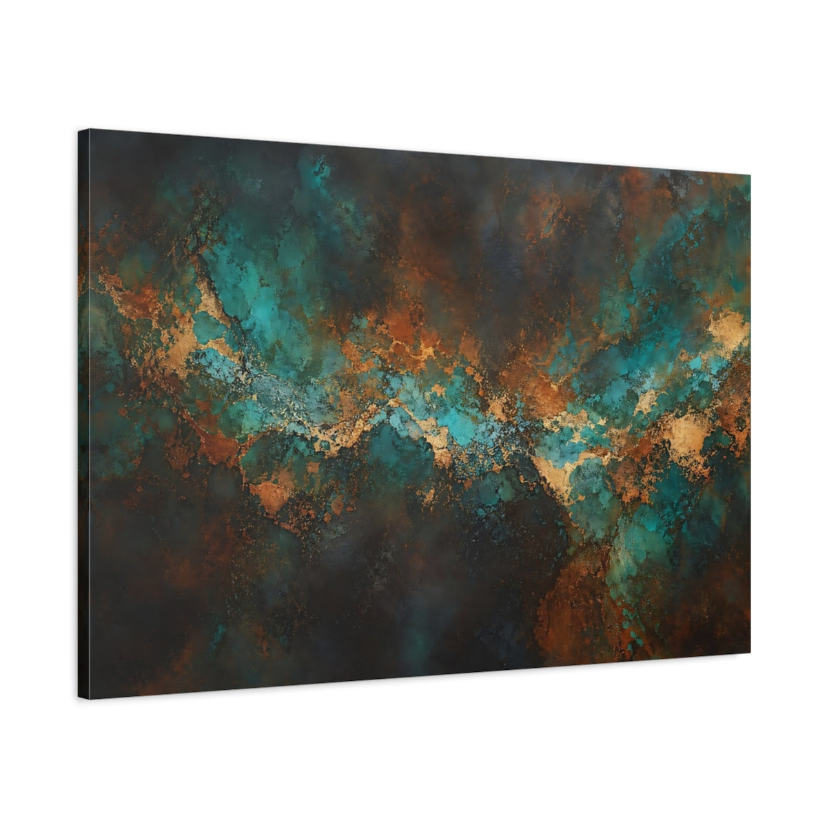 Main Mockup. Abstract Abstract Texture Teal Gold Abstract shown as stretched canvas wall art