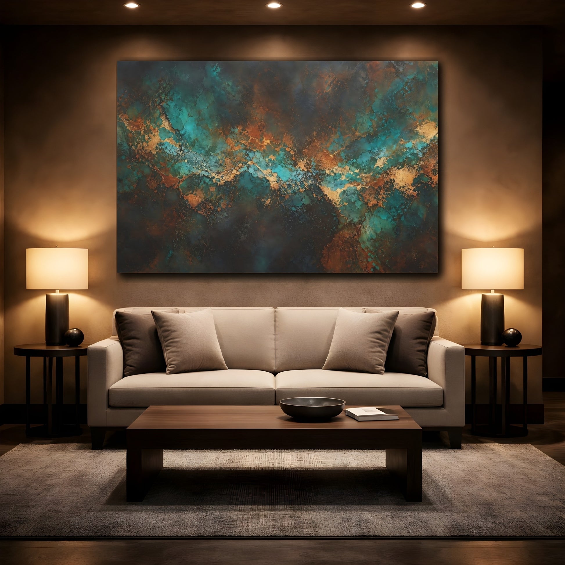 Mockup 2. Abstract Abstract Texture Teal Gold Abstract shown as stretched canvas wall art