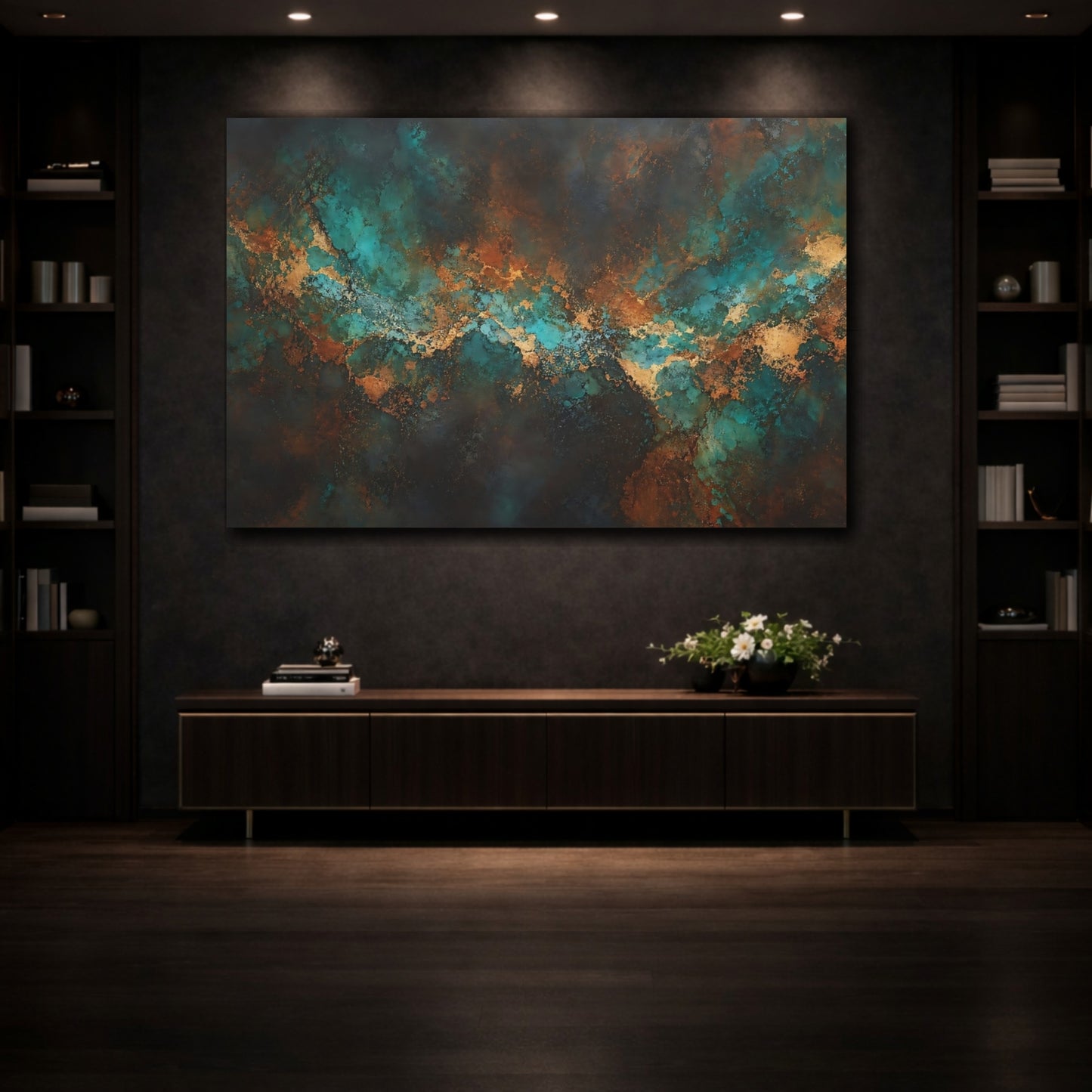 Mockup 3. Abstract Abstract Texture Teal Gold Abstract shown as stretched canvas wall art