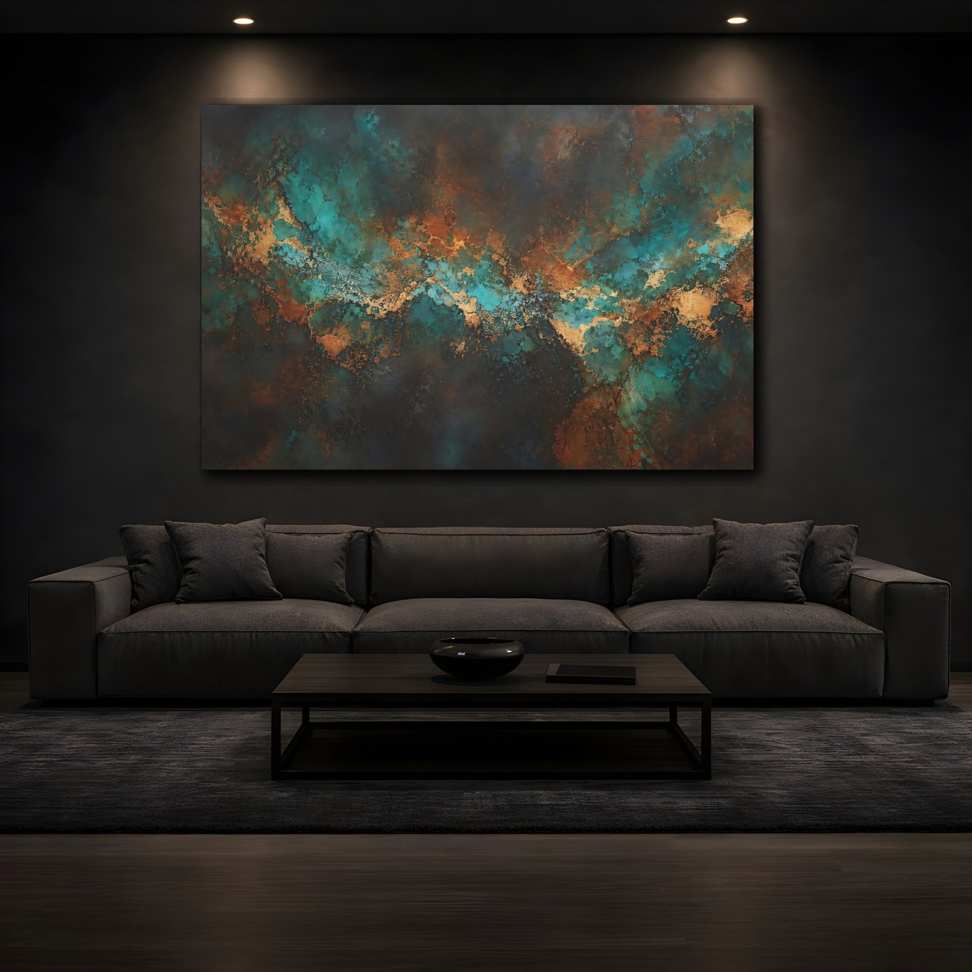 Mockup 4. Abstract Abstract Texture Teal Gold Abstract shown as stretched canvas wall art