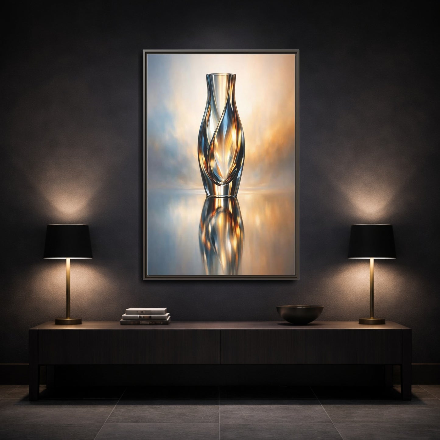 Mockup 2. Abstract Abstract Vase Gold And Blue shown as stretched canvas wall art