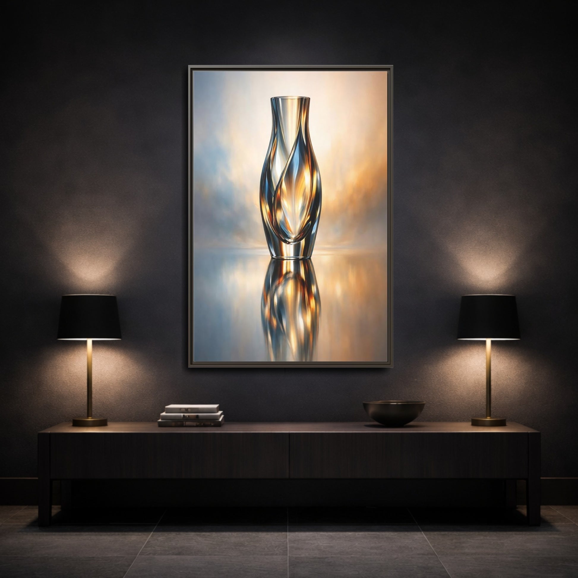 Mockup 2. Abstract Abstract Vase Gold And Blue shown as stretched canvas wall art