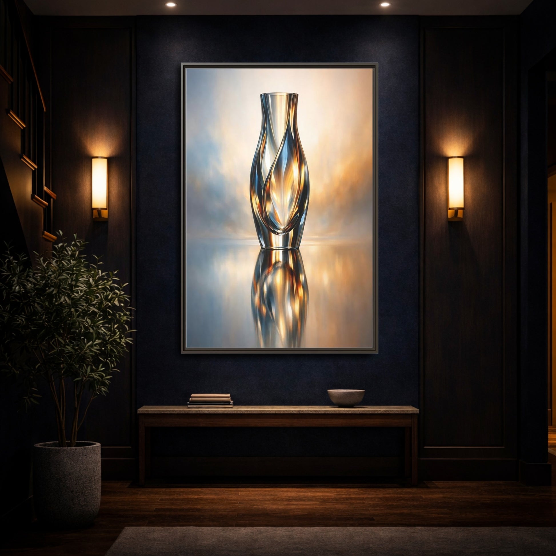 Mockup 3. Abstract Abstract Vase Gold And Blue shown as stretched canvas wall art