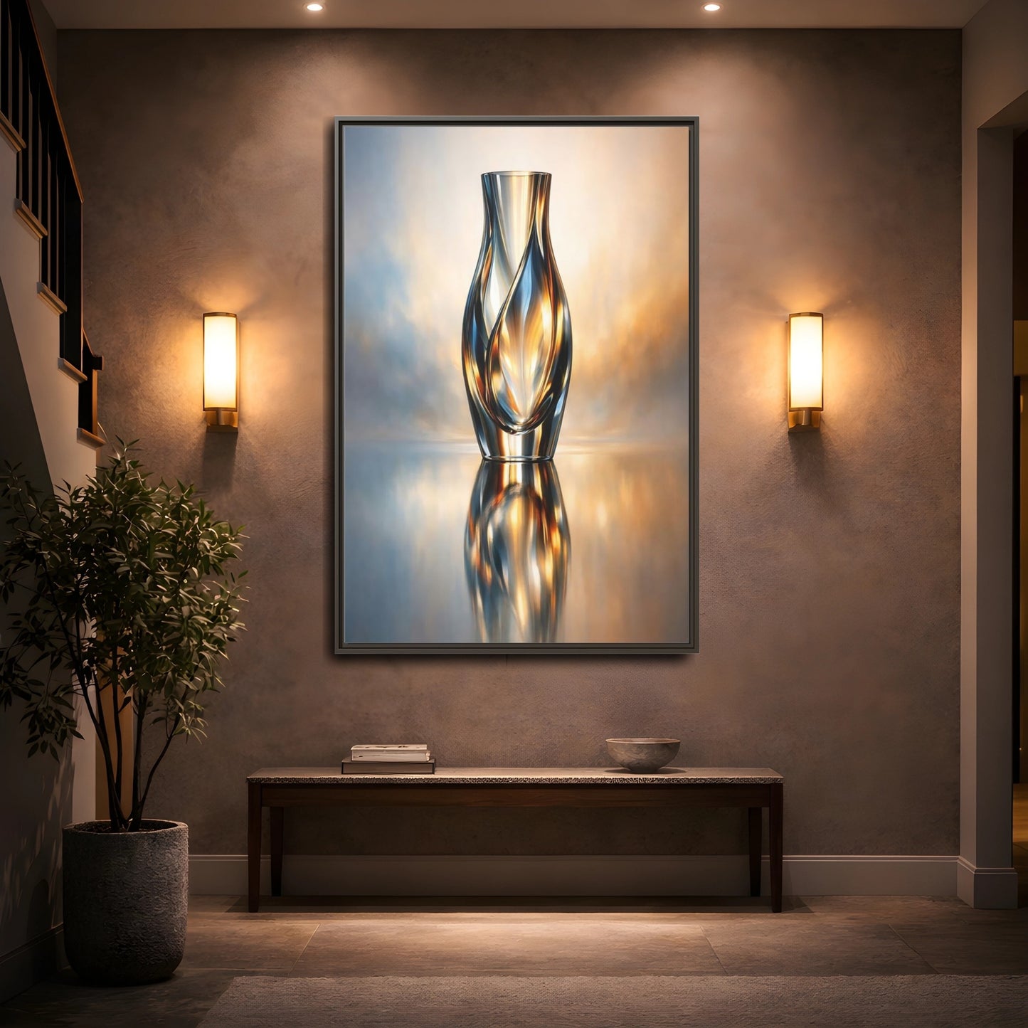 Mockup 4. Abstract Abstract Vase Gold And Blue shown as stretched canvas wall art