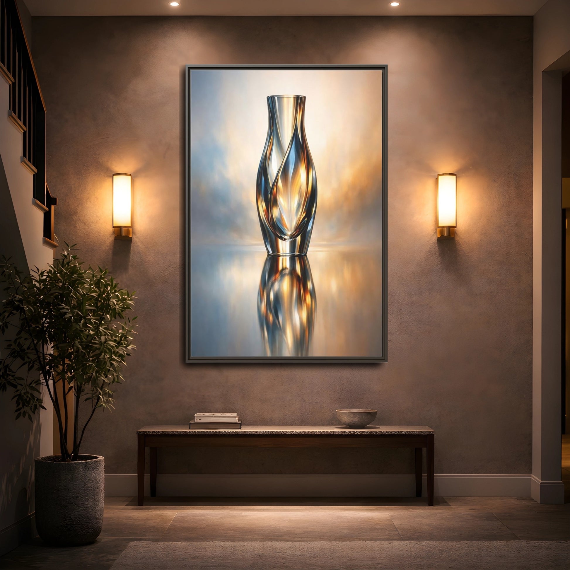 Mockup 4. Abstract Abstract Vase Gold And Blue shown as stretched canvas wall art
