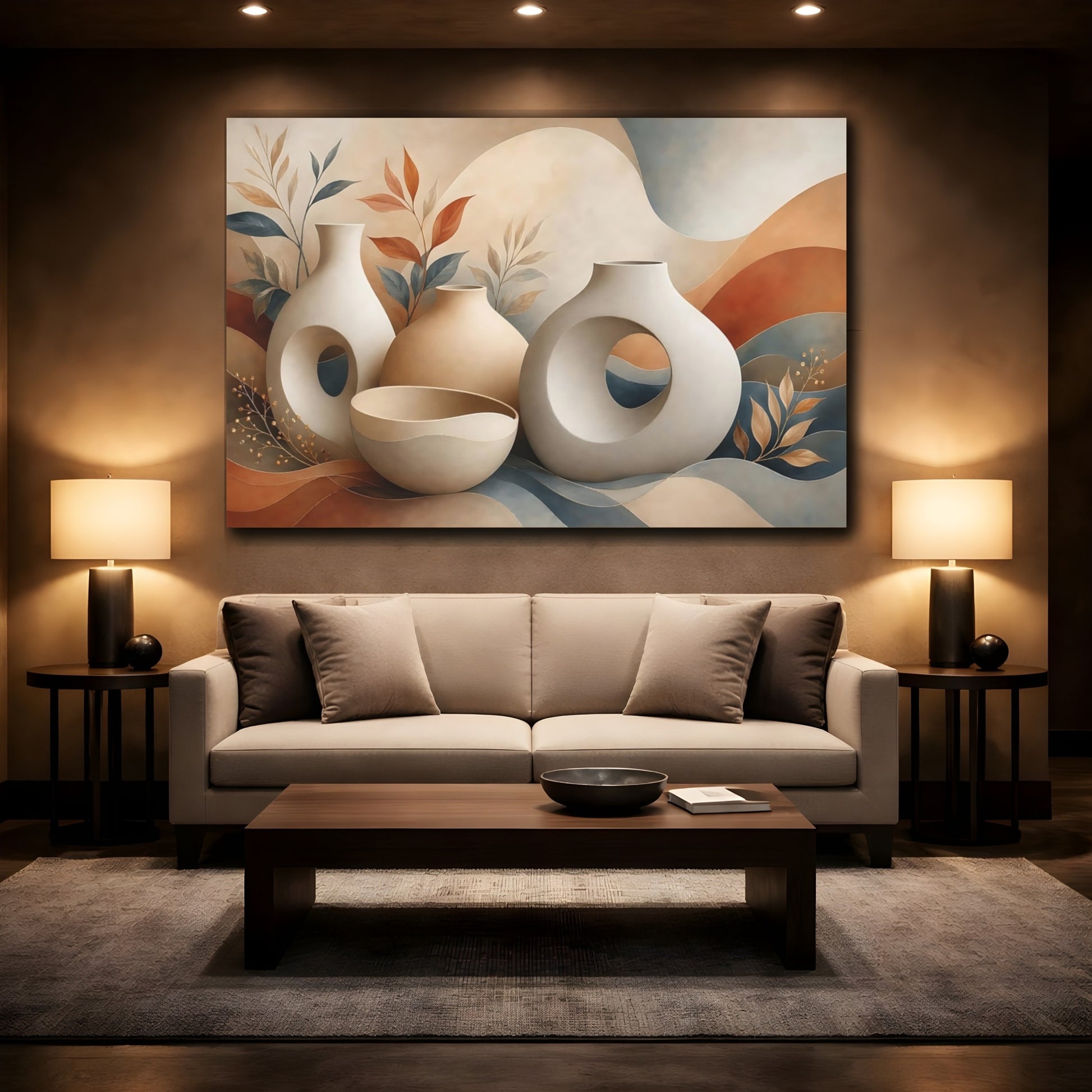 Mockup 2. Abstract Abstract Vases Warm Toned Vases shown as stretched canvas wall art