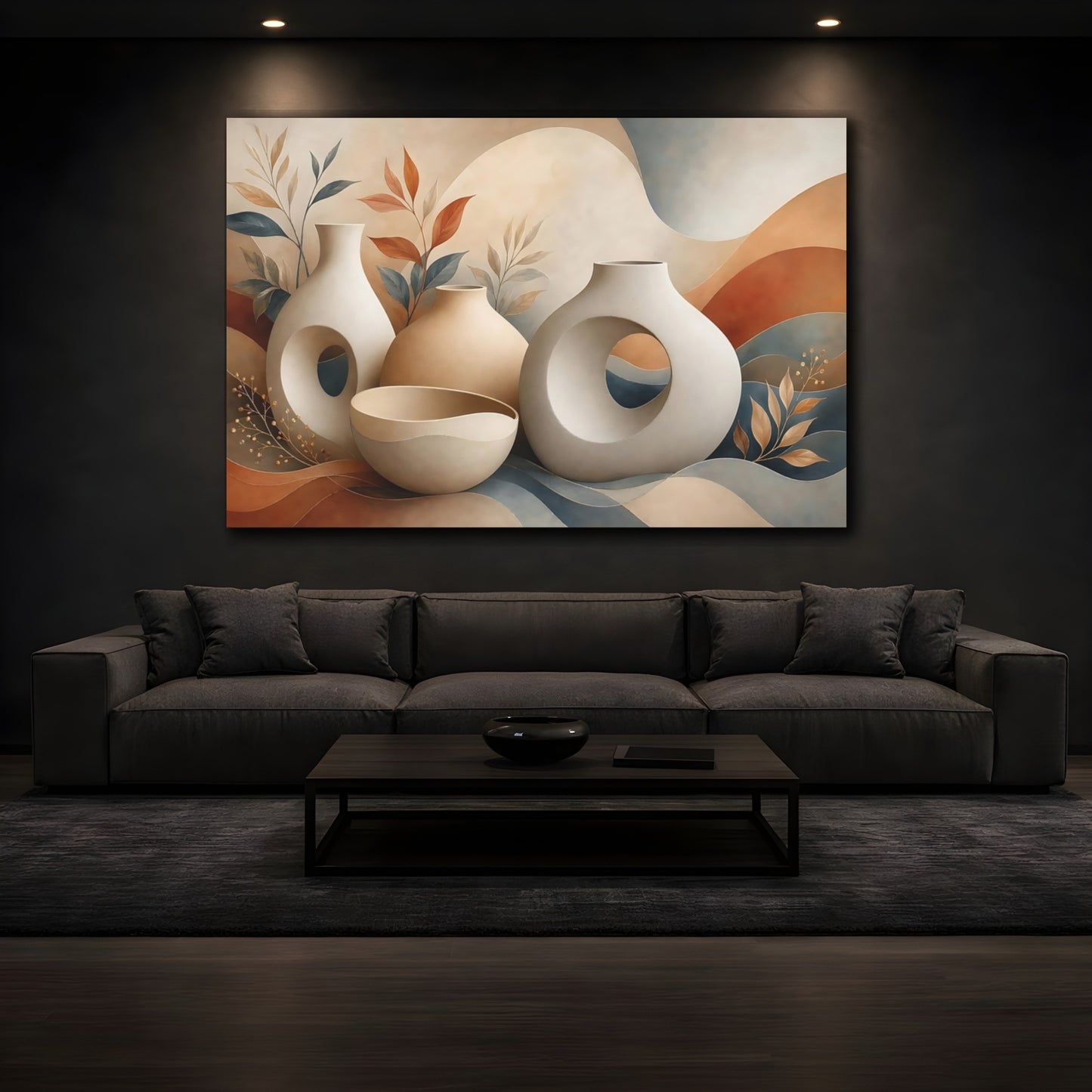 Mockup 3. Abstract Abstract Vases Warm Toned Vases shown as stretched canvas wall art